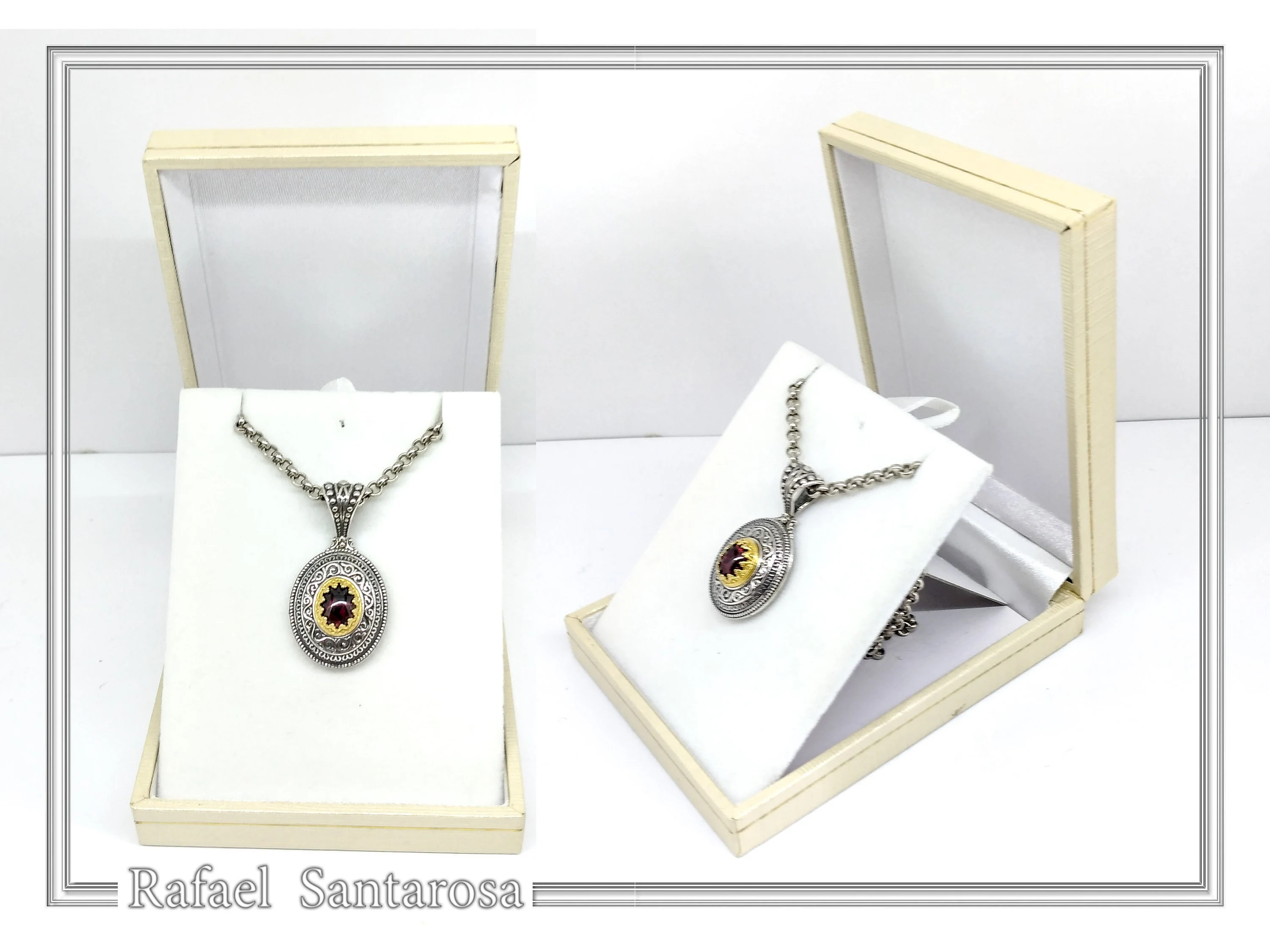 Natural Red Garnet Byzantine Filigree Pendant: Oxidized and 18k Gold Filled Sterling Silver — additional product image 9 from Rafael Santarosa Fine Jewelry
