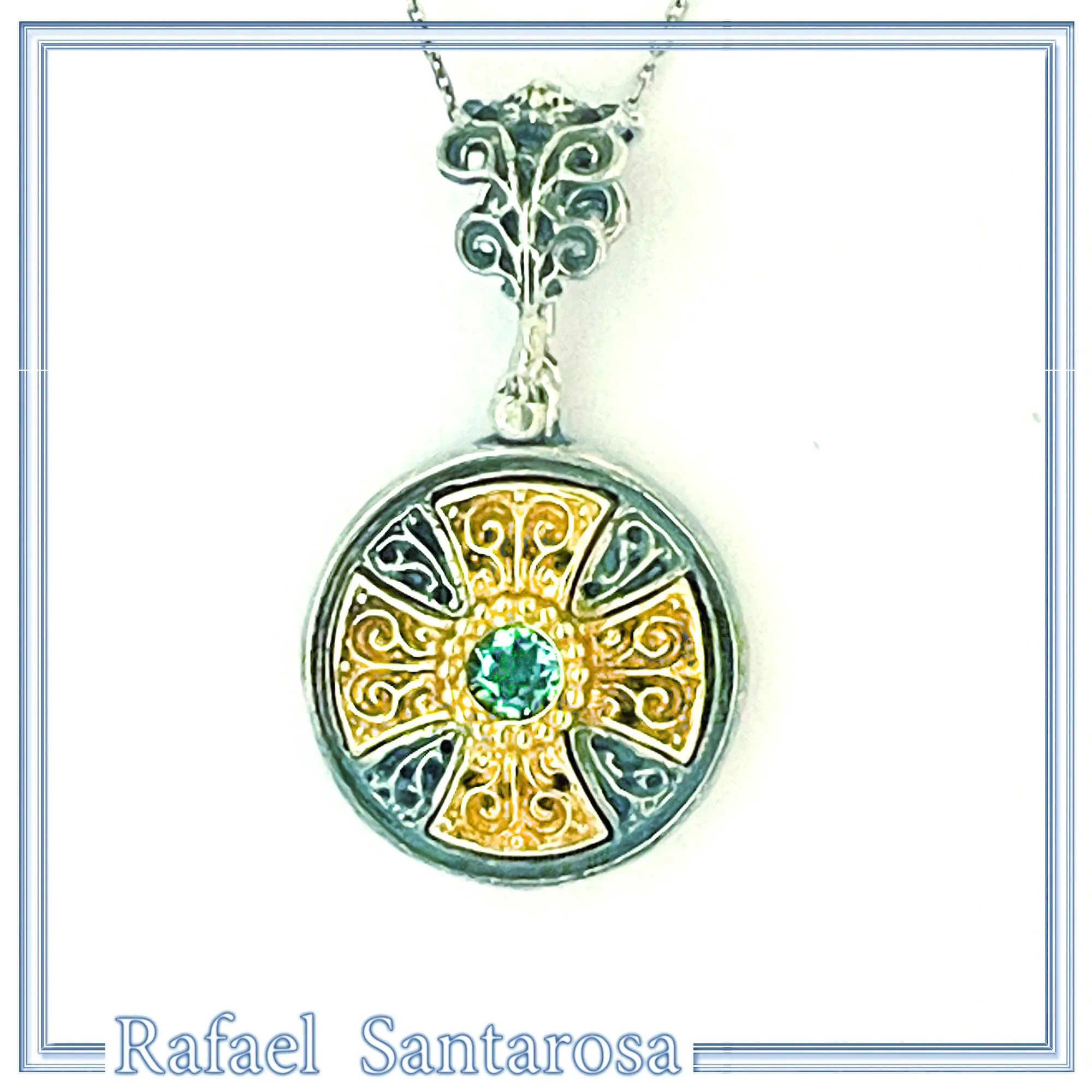 Natural Sky-Blue Topaz Cross Pendant: Sterling Silver 18K Gold Filled Byzantine Filigree — additional product image 2 from Rafael Santarosa Fine Jewelry