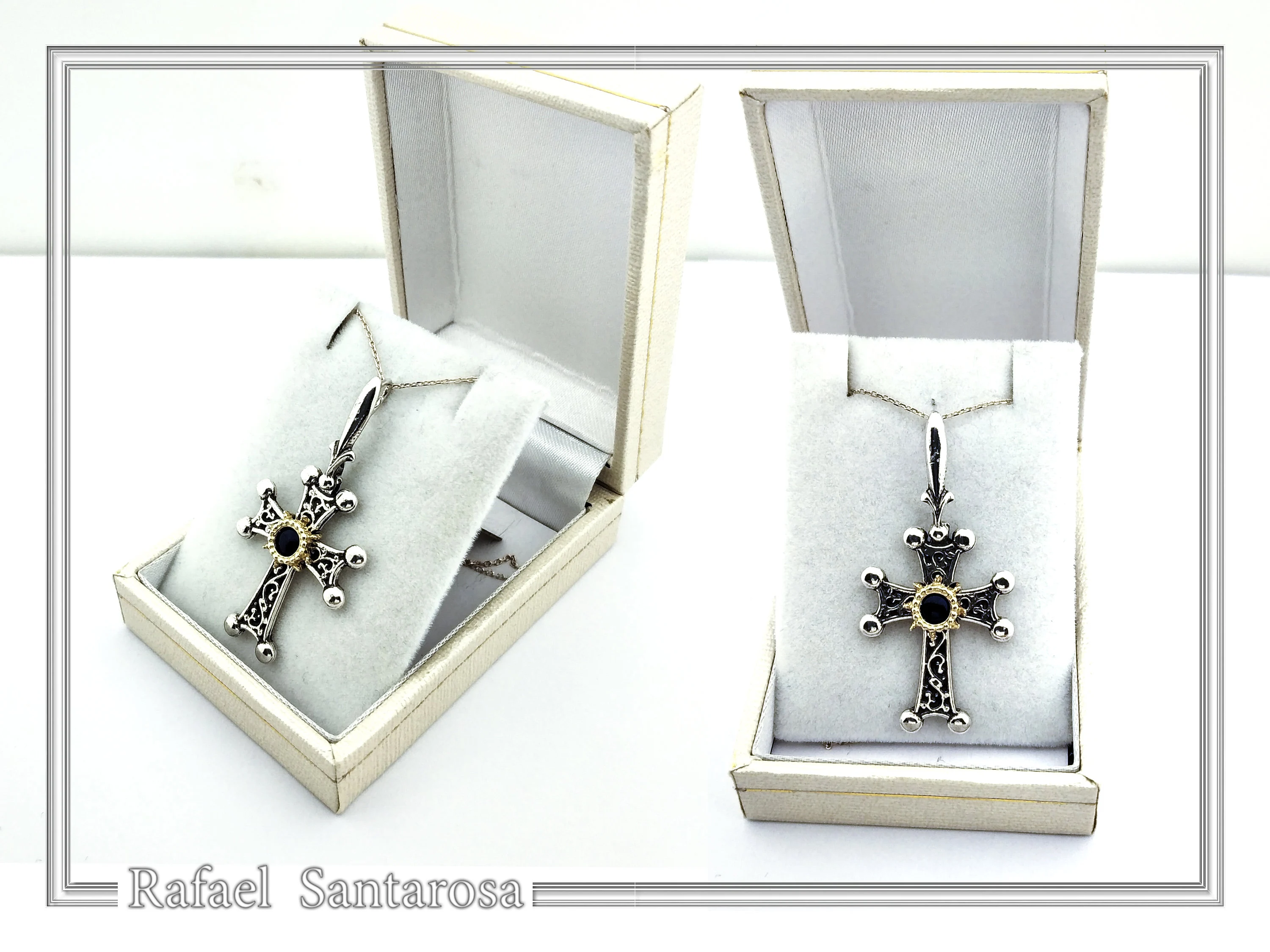 Byzantine Silver Hand engraved Cross with Genuine Amethyst: Oxidized silver, 18K gold Filled Bezel — additional product image 9 from Rafael Santarosa Fine Jewelry