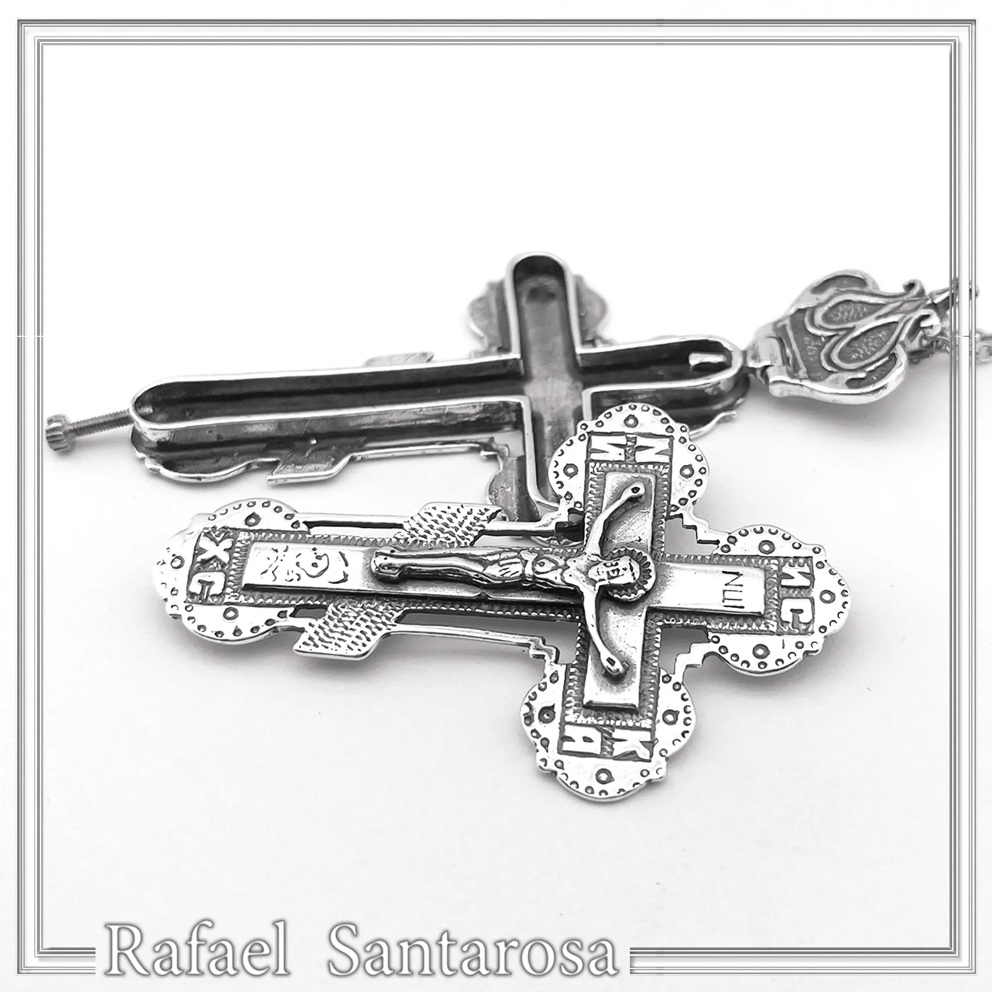 Reliquary Russian Type Cross Byzantine Cyrillic Prayer Pendant: Oxidised Sterling Silver Locket — additional product image 5 from Rafael Santarosa Fine Jewelry