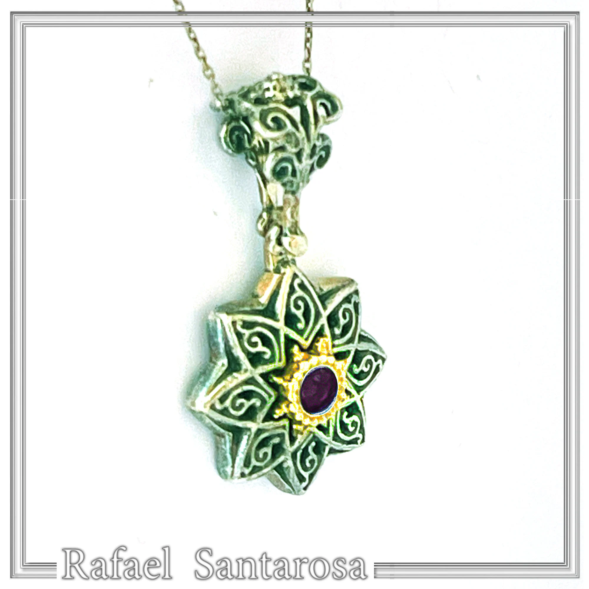 Byzantine Amethyst Filigree Detail Necklace: Oxidised and 18K Gold Filled Sterling Silver — additional product image 3 from Rafael Santarosa Fine Jewelry