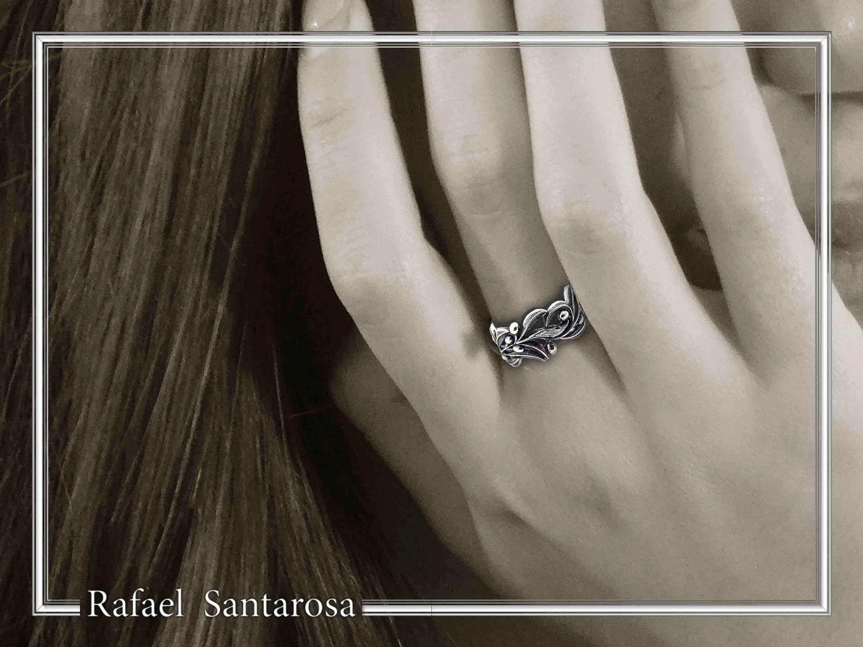Olive Branch Band Ring, Greek Mythology Floral Jewelry: Oxidized Sterling Silver — additional product image 3 from Rafael Santarosa Fine Jewelry
