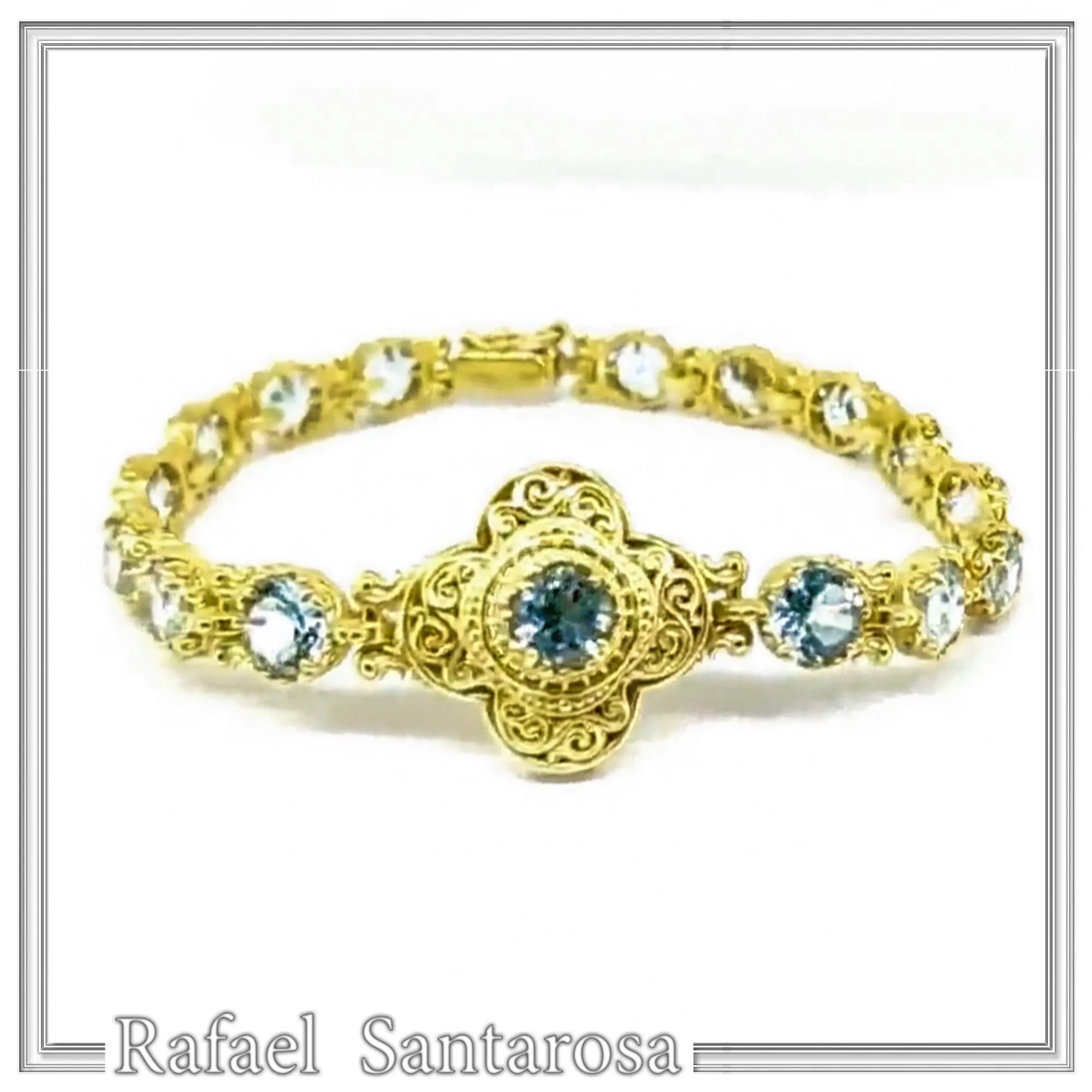 18K Gold Beaded Bracelet Handcrafted Byzantine Cross Filigree: Natural Genuine Sky-Blue Topaz Gemstones — additional product image 3 from Rafael Santarosa Fine Jewelry