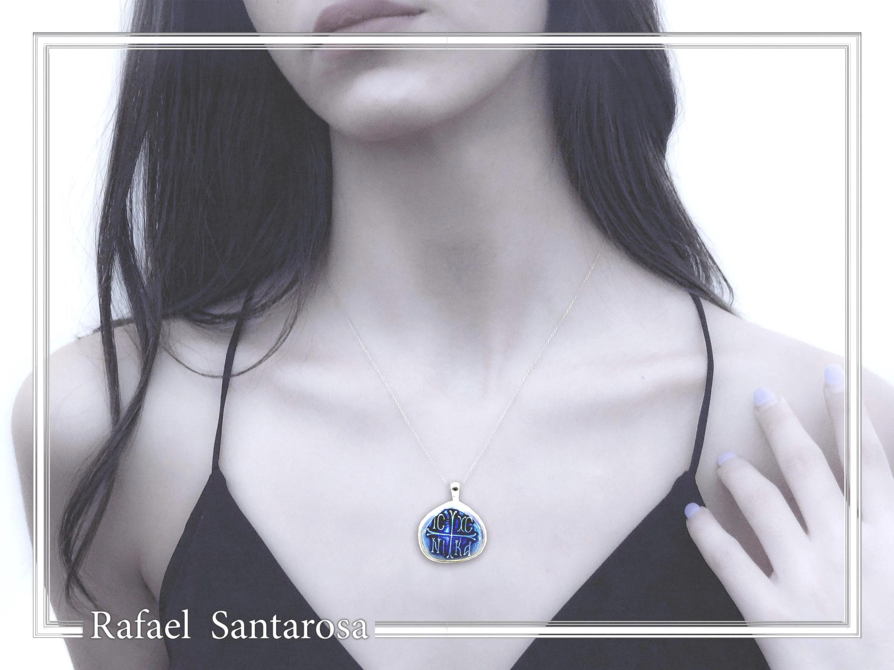 ICXC NIKA Constantinato Christogram Christian Cross Talisman Pendant: Blue Transparent Enamel Silver Necklace — additional product image 2 from Rafael Santarosa Fine Jewelry