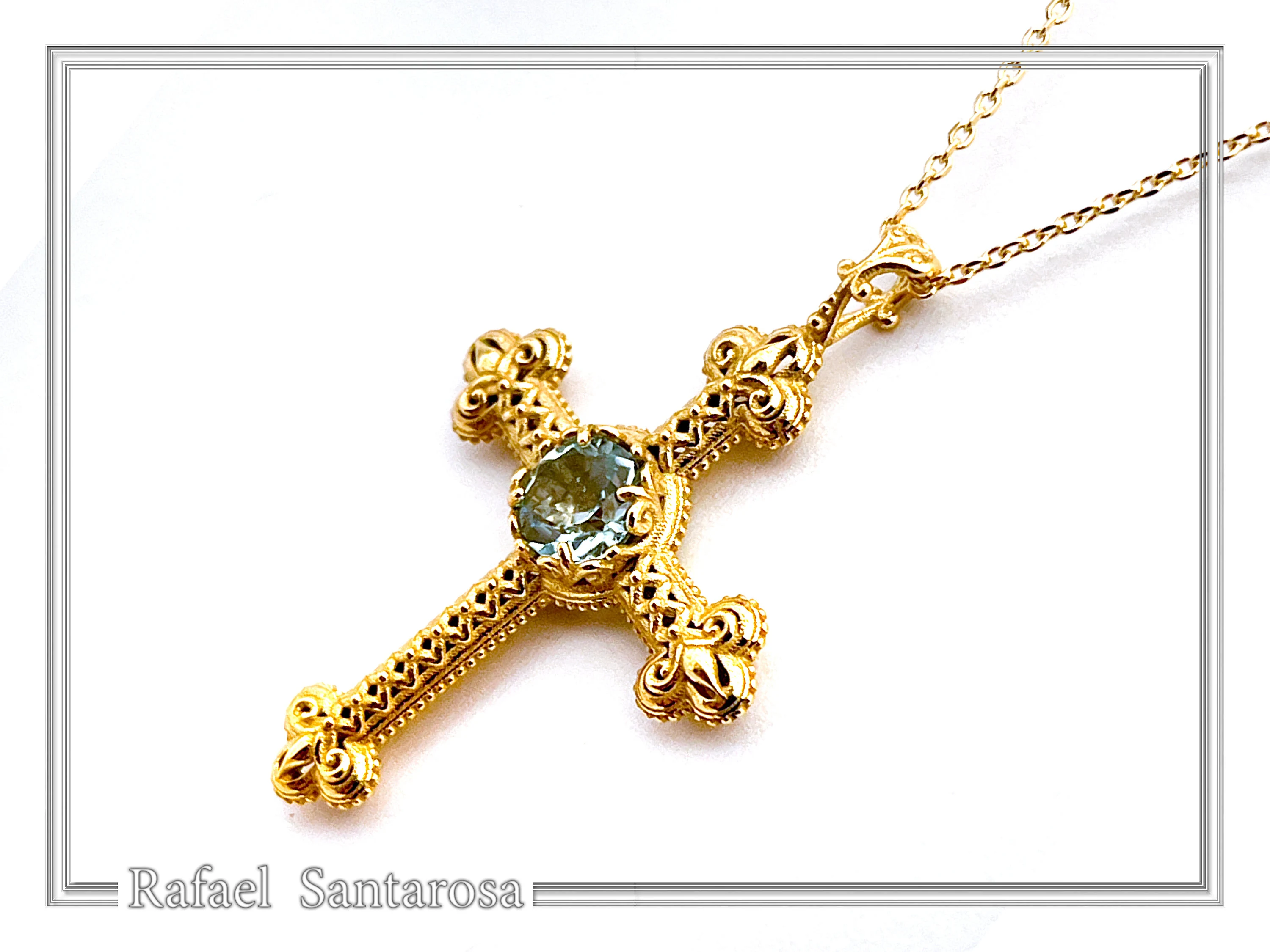 18K Solid Gold Natural Brilliant Cut Sky Blue Topaz Byzantine Filigree Cross Pendant — additional product image 4 from Rafael Santarosa Fine Jewelry