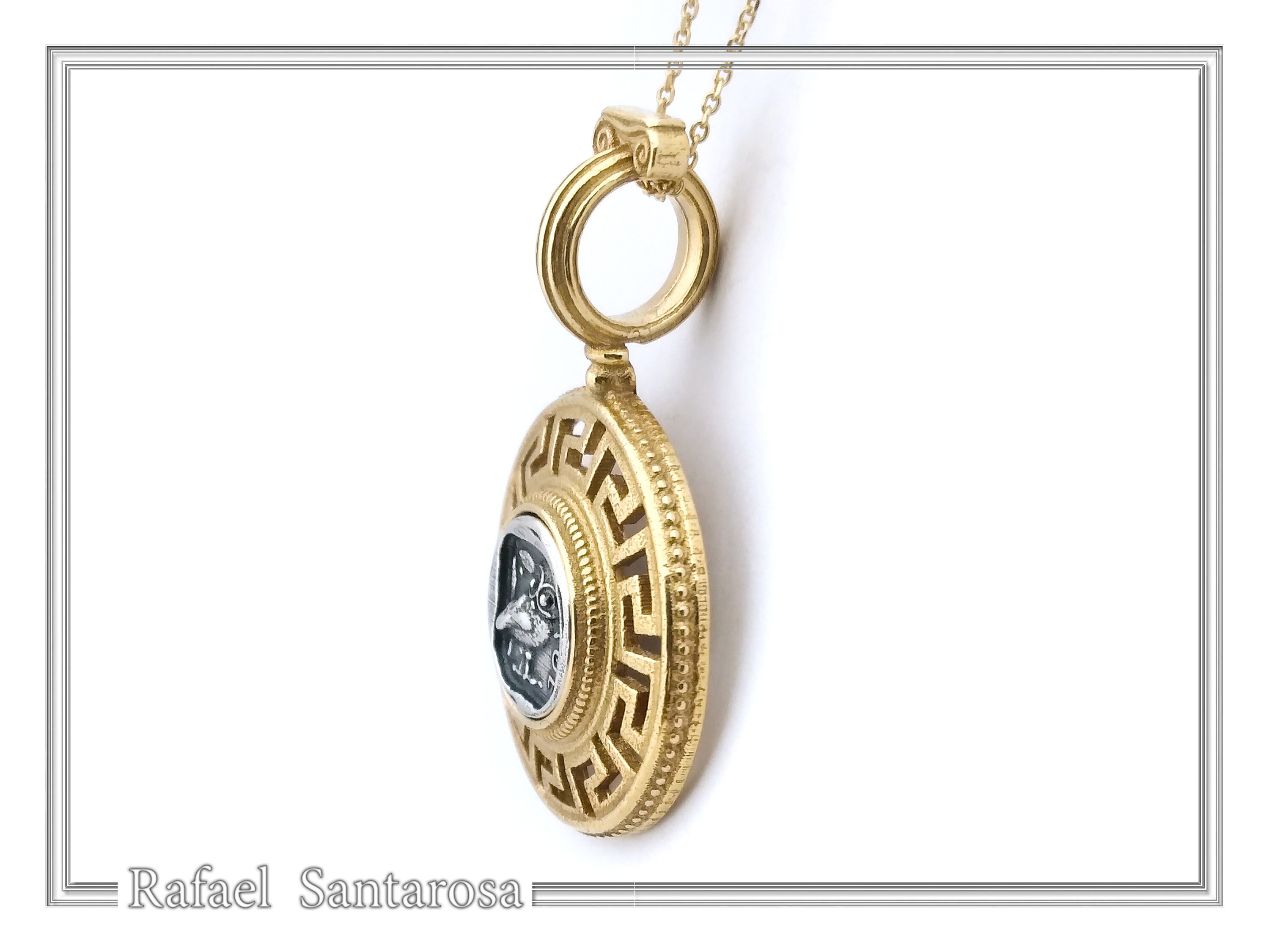 Athenian Owl Coin Pendant: 18k Gold-Filled Sterling Silver Greek Key Necklace — additional product image 4 from Rafael Santarosa Fine Jewelry