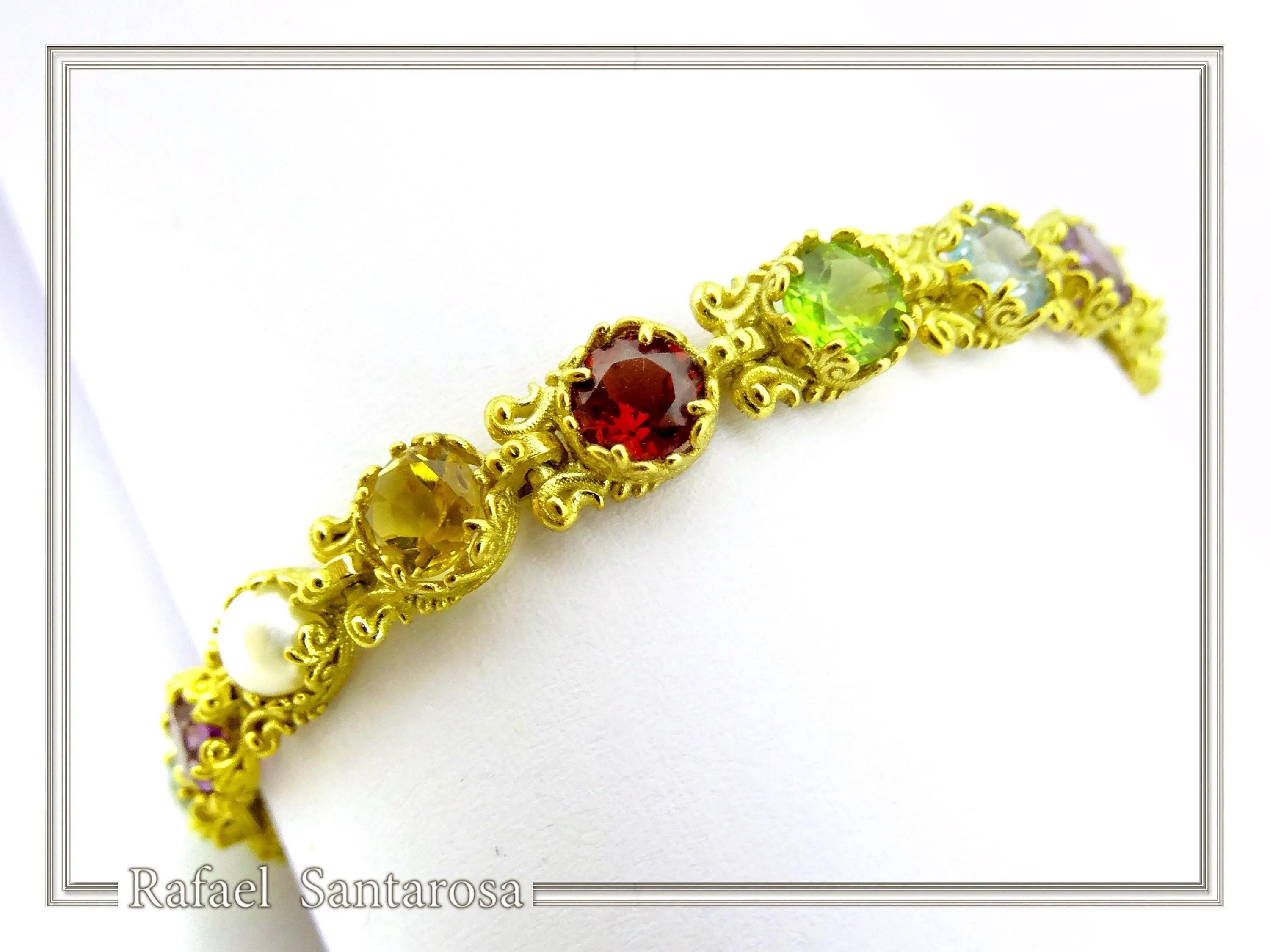 Multi Genuine Gemstone Beaded Bracelet: 18K Solid Gold Byzantine Filigree Tennis Bracelet — additional product image 3 from Rafael Santarosa Fine Jewelry