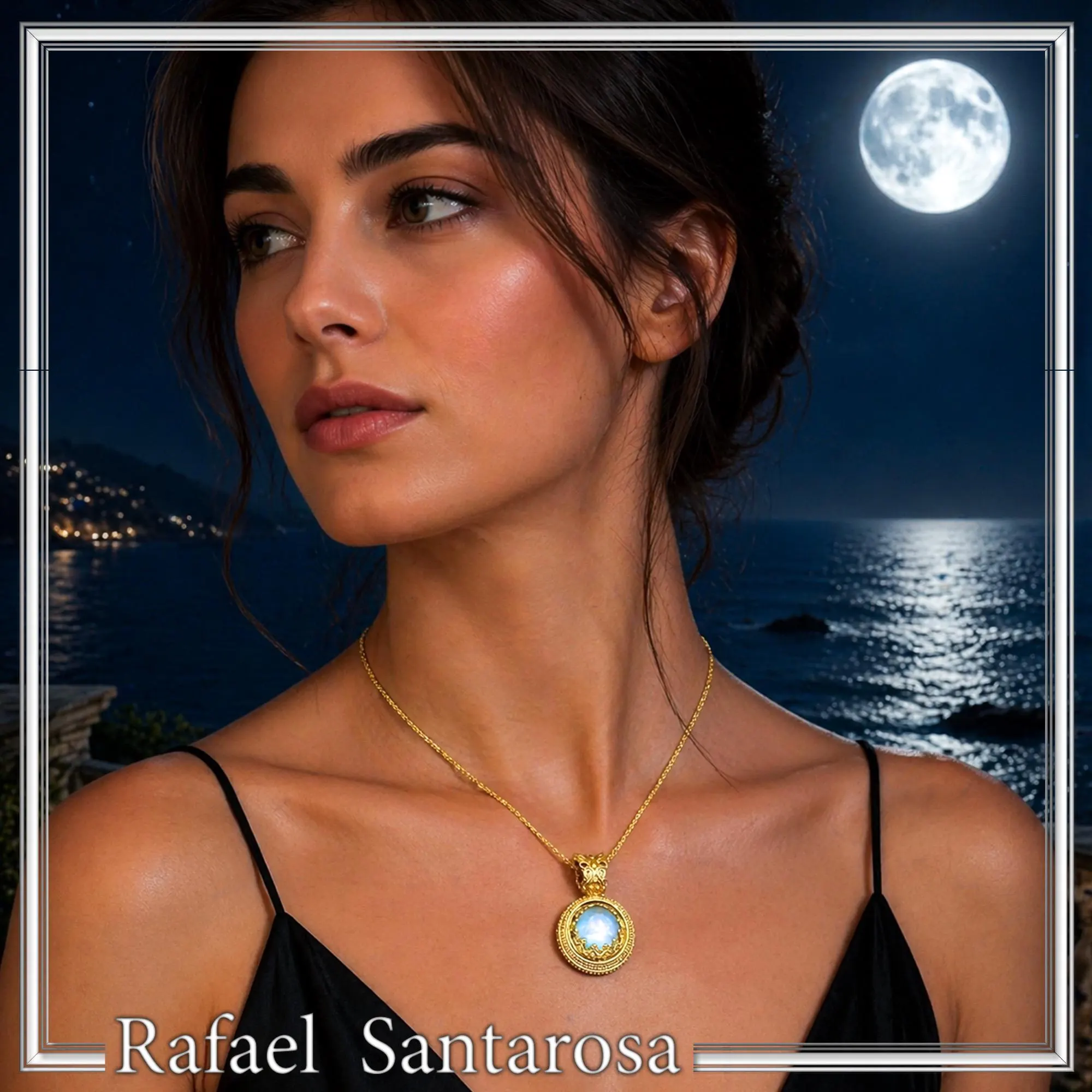 Natural Moonstone Necklace: Ancient Greek style Filigree 18K Gold-Filled Pendant — additional product image 2 from Rafael Santarosa Fine Jewelry