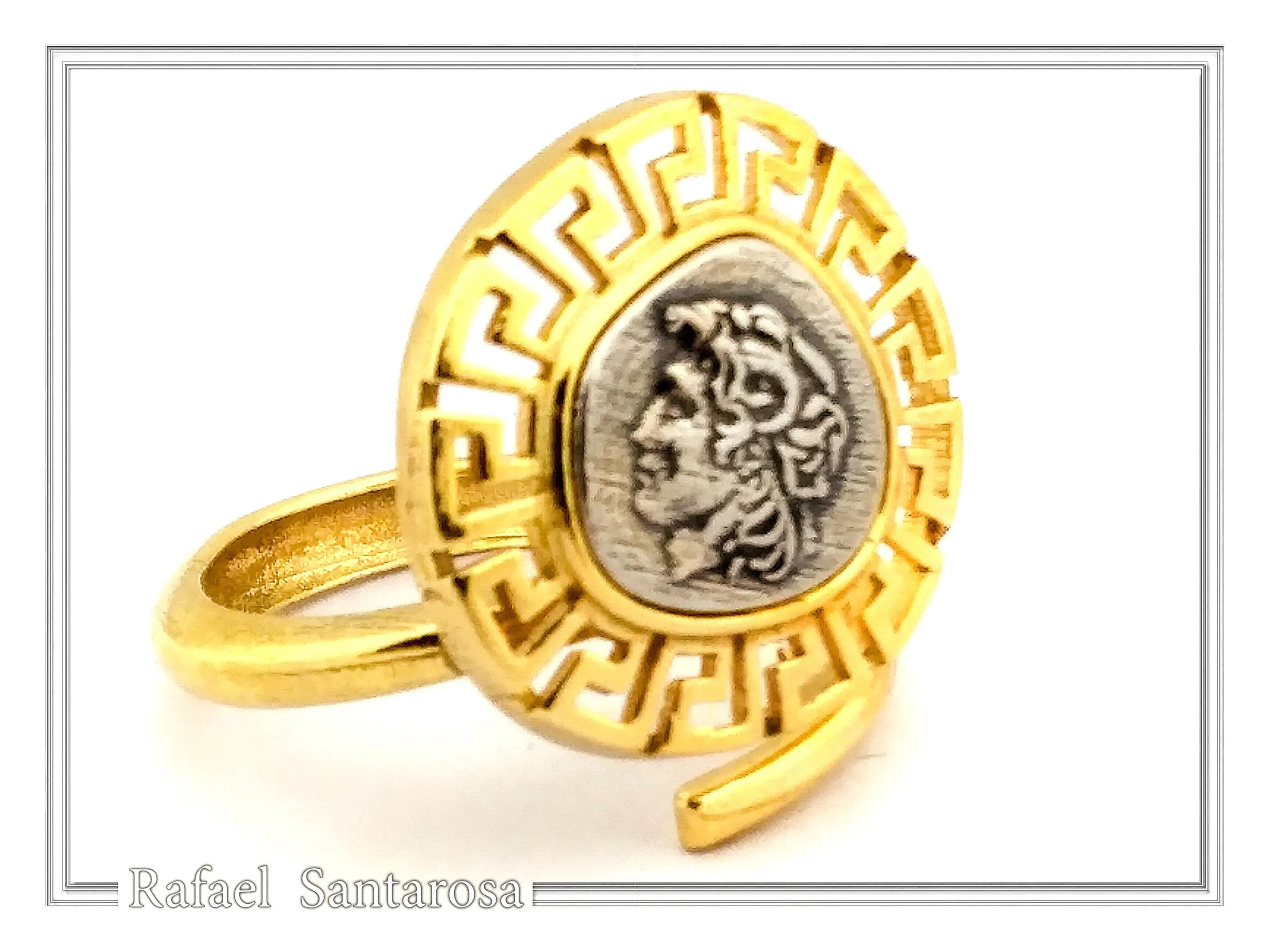 Alexander the Greek coin adjustable ring oxidized, and 18K gold filled sterling silver Greek Key — additional product image 8 from Rafael Santarosa Fine Jewelry