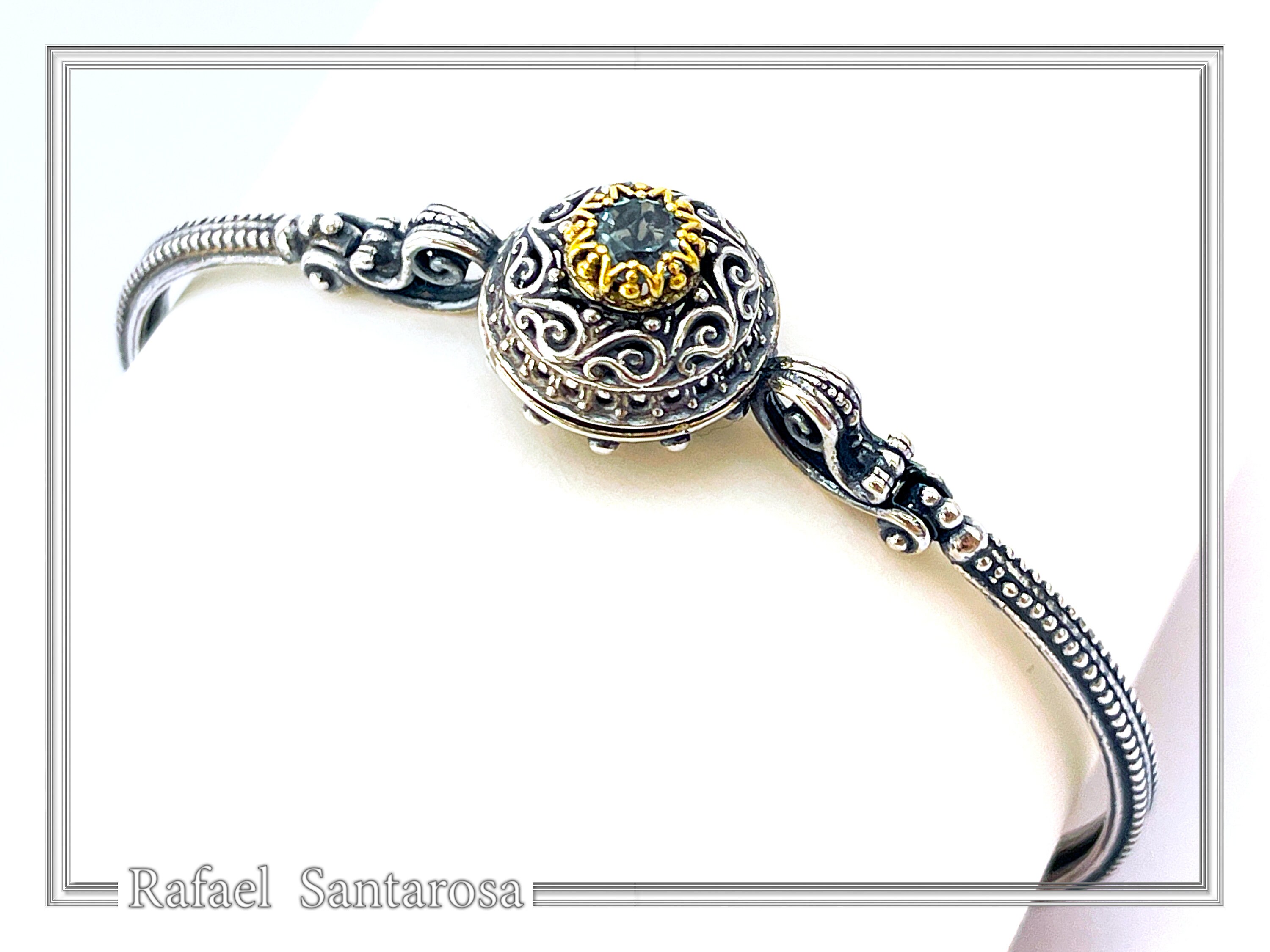 Natural Sky-Blue Topaz Byzantine Bracelet: Oxidised Sterling Silver with 18K Gold Filled Filigree Bezel — additional product image 4 from Rafael Santarosa Fine Jewelry