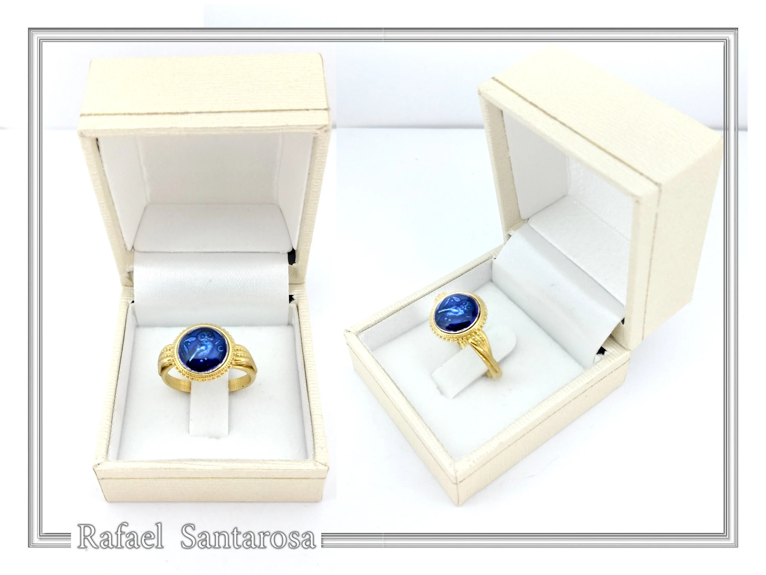 Athena Owl Coin Tetradrachm Ring: Blue Transparent Enamel on 18K Gold-Filled Filigree Sterling Silver — additional product image 9 from Rafael Santarosa Fine Jewelry