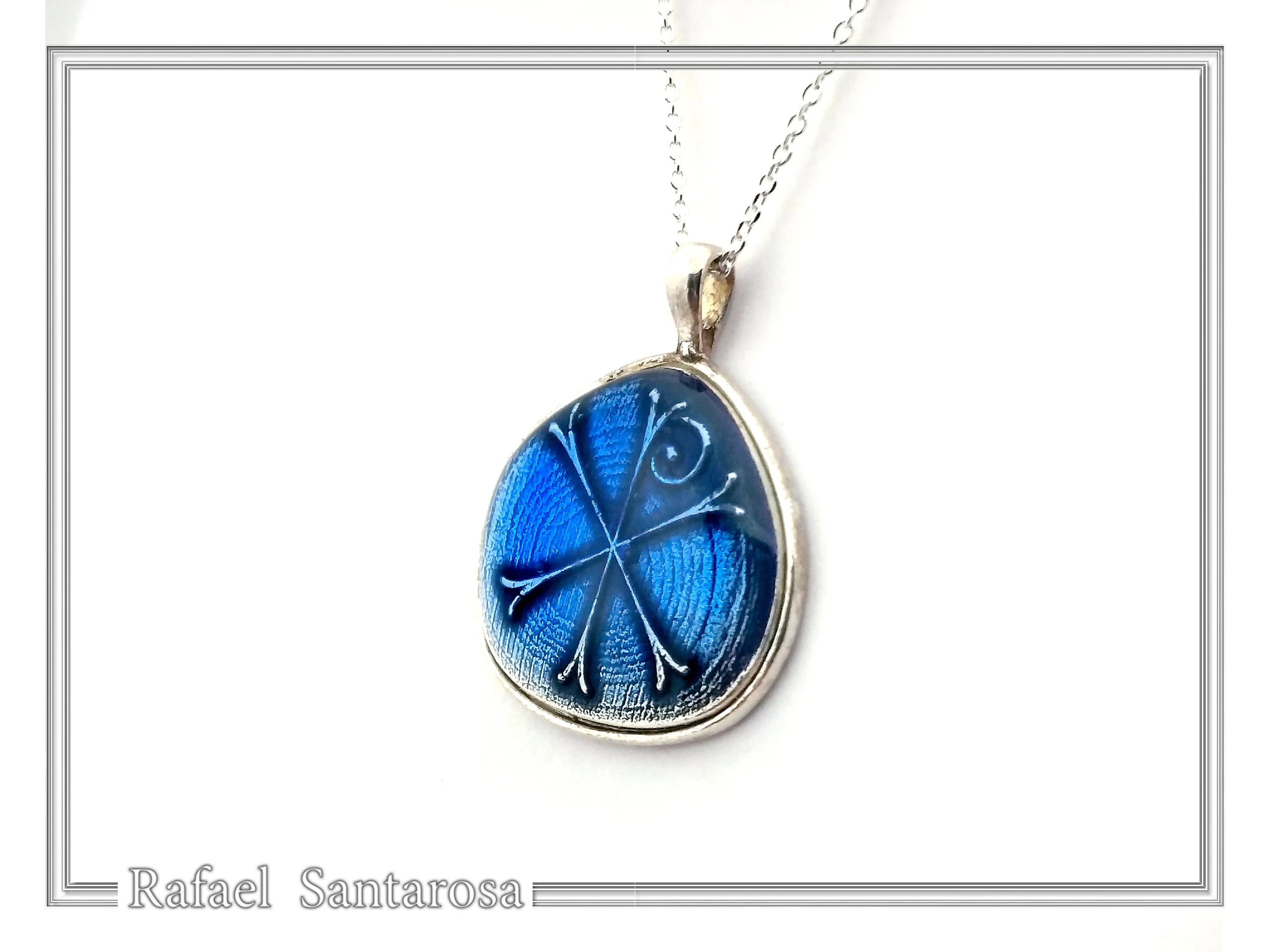 Chi Ro Christian Talisman Pendant: Sky Blue Enamel on Oxidized Sterling Silver Constantinato — additional product image 6 from Rafael Santarosa Fine Jewelry