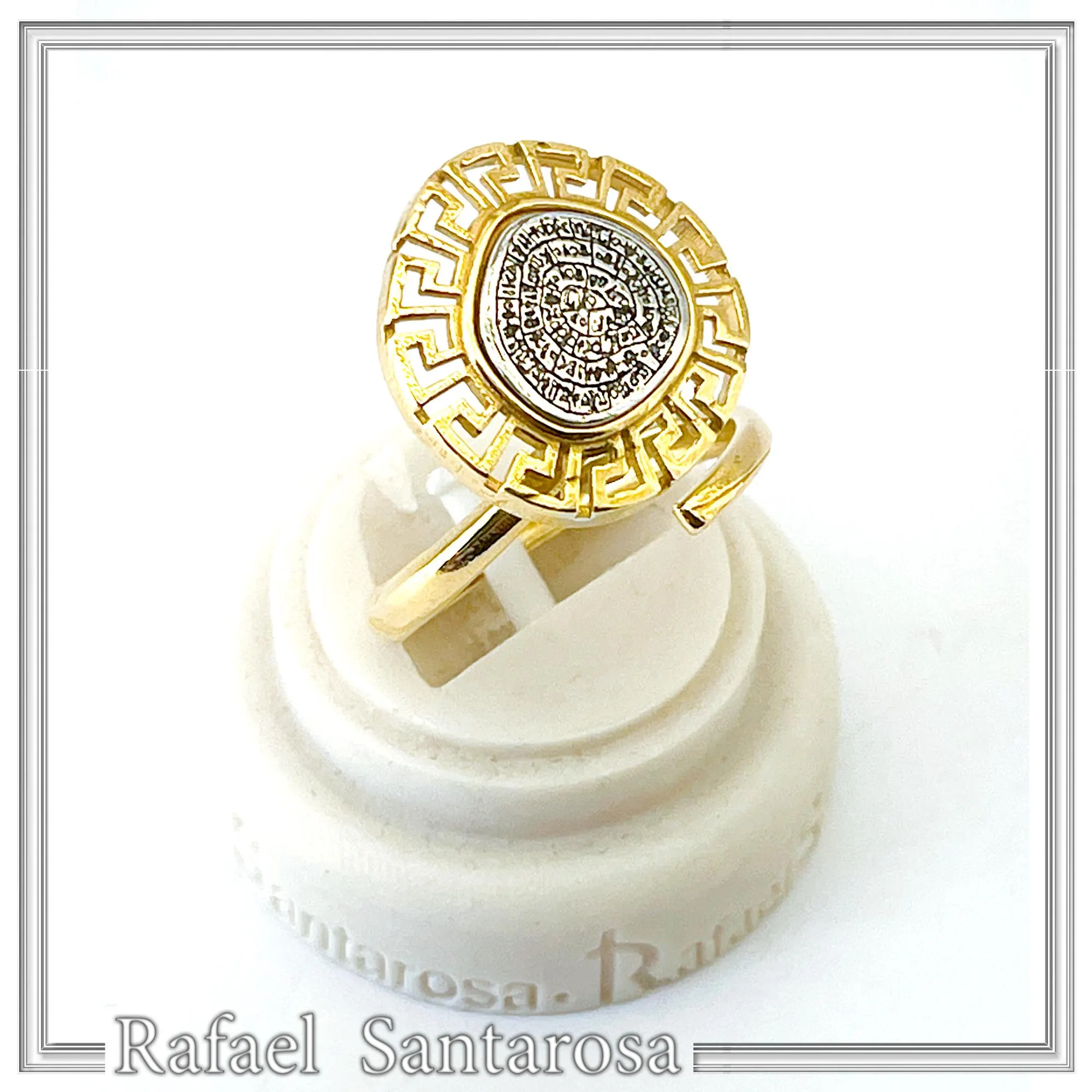 Greek Calendar Phaistos Disc on Greek Key Ring: Oxidized Sterling Silver, 18K Gold Filled — additional product image 2 from Rafael Santarosa Fine Jewelry