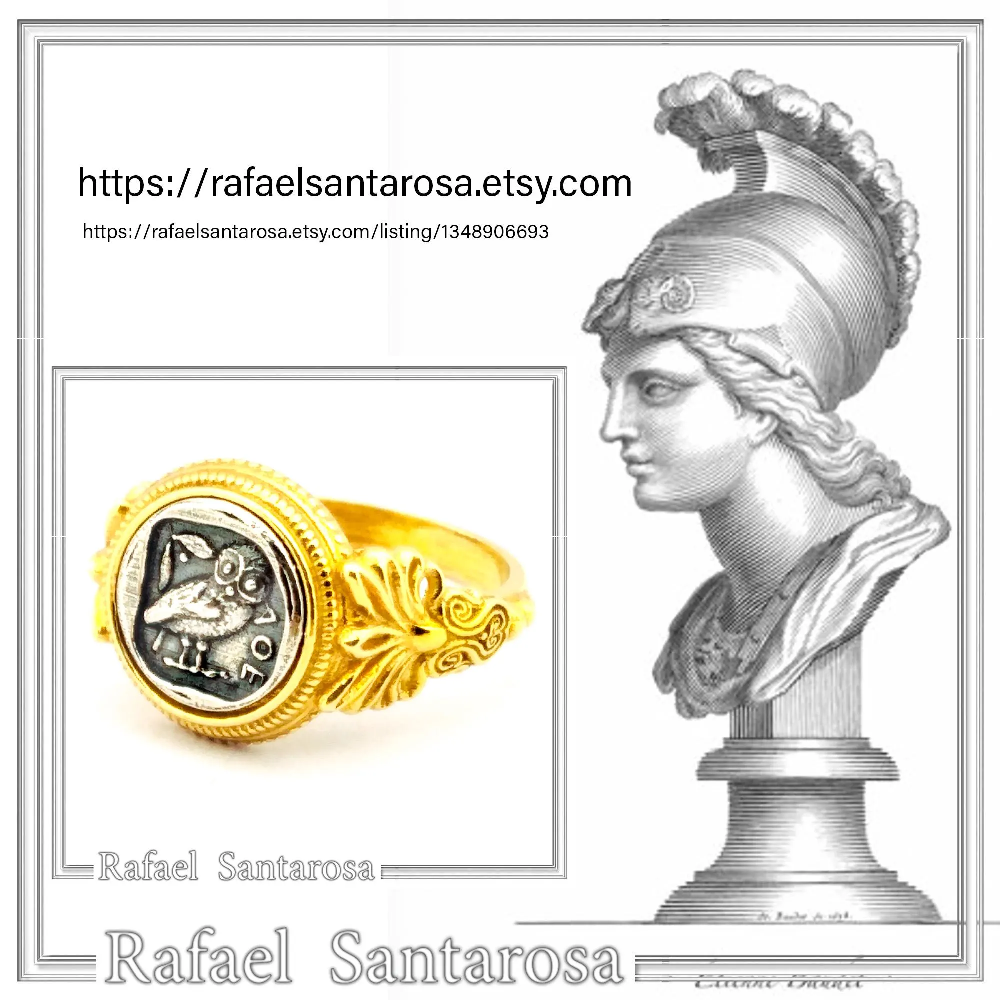 Tetradrachm Athena Owl Replica Greek Coin Ring, Antefix Filigree decoration: Sterling Silver oxidized & Gold-Filled — additional product image 10 from Rafael Santarosa Fine Jewelry
