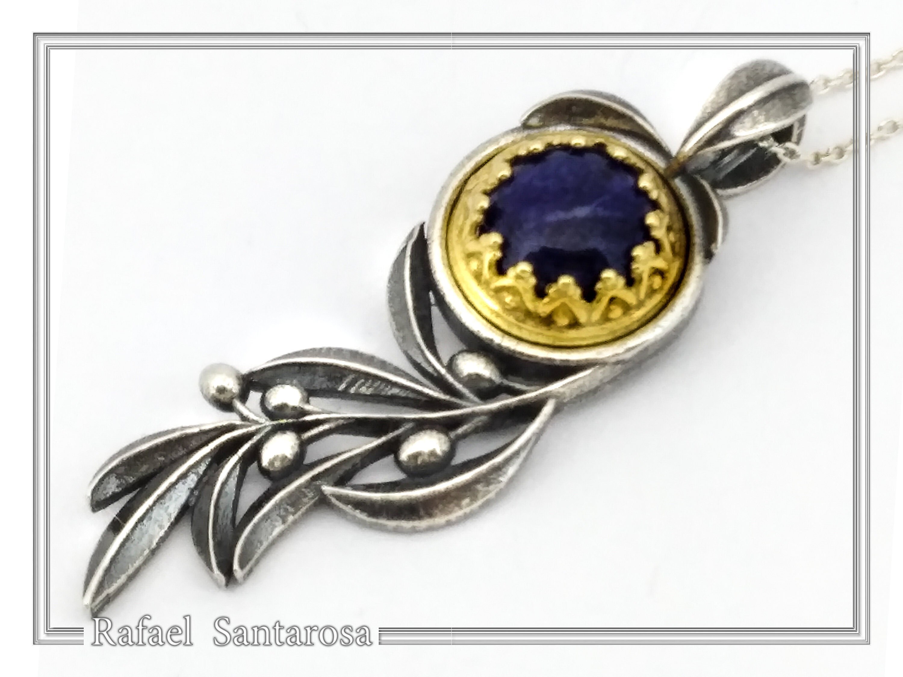 Natural Lapis Olive Leaf Pendant Floral Necklace: Oxidized Sterling Silver 18K Gold Filled Bezel — additional product image 2 from Rafael Santarosa Fine Jewelry