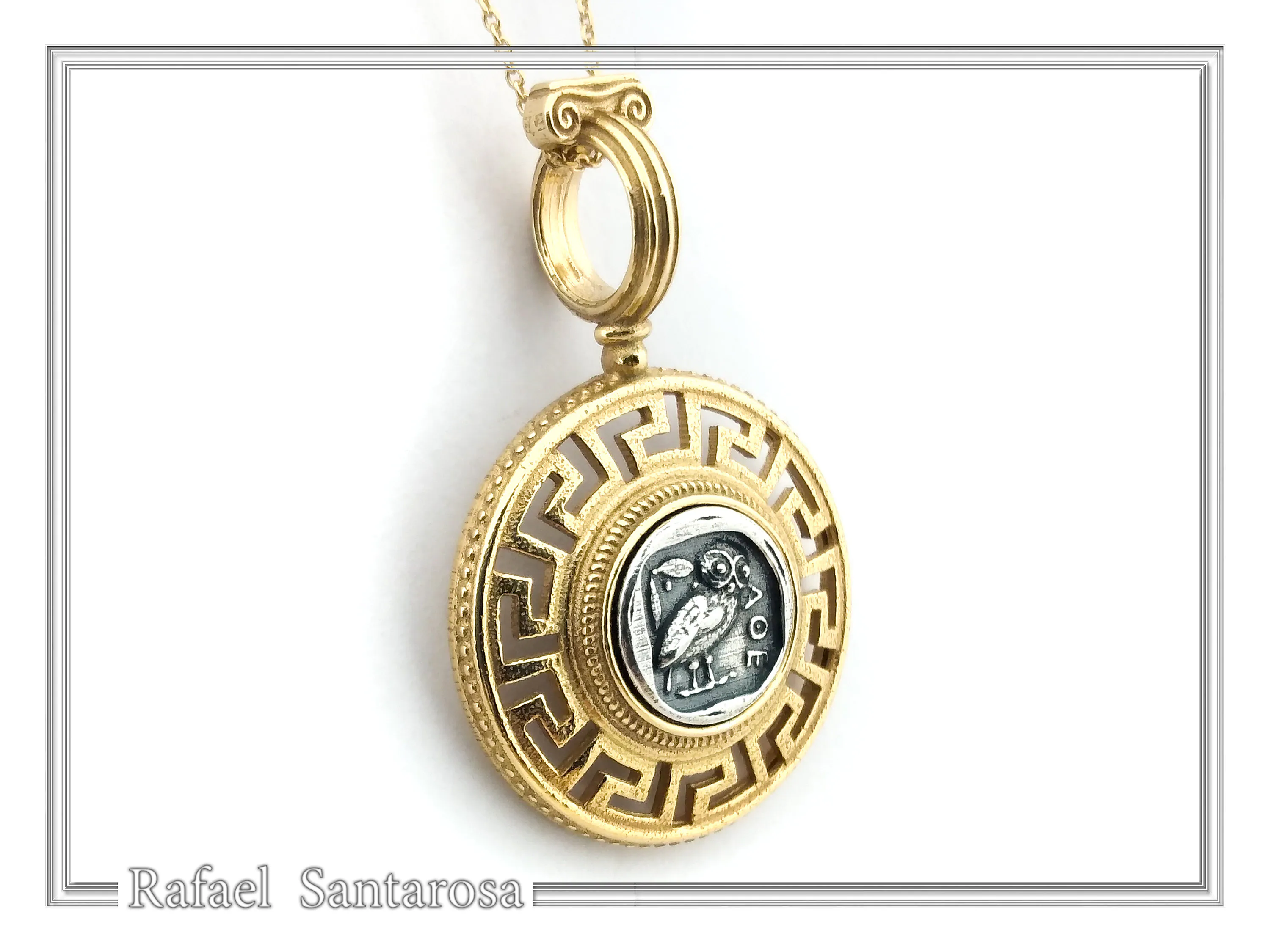 Athenian Owl Coin Pendant: 18k Gold-Filled Sterling Silver Greek Key Necklace — additional product image 2 from Rafael Santarosa Fine Jewelry