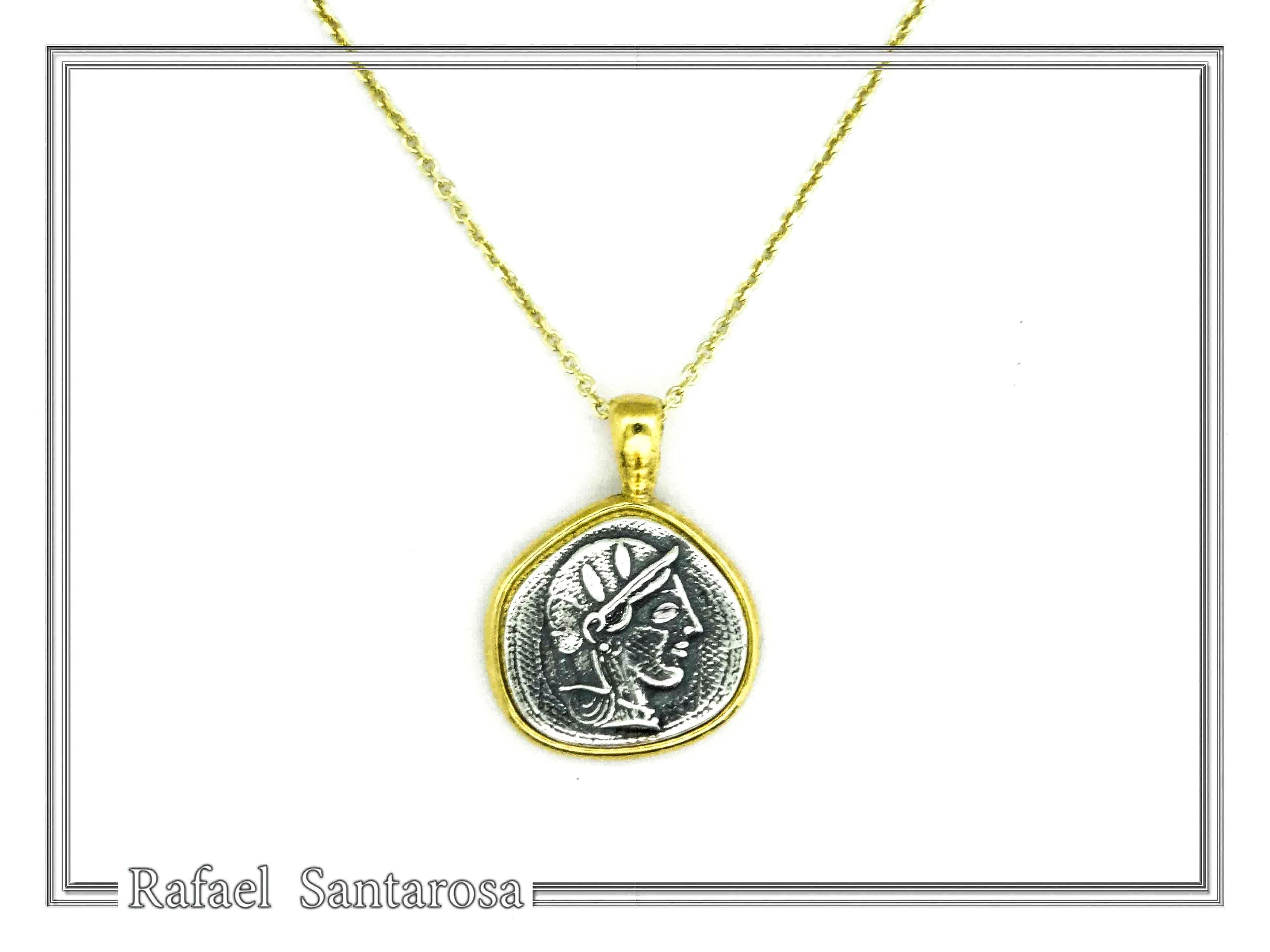 Athena Goddess Coin Pendant, Greek Museum Replica Necklace: Oxidized & 18K Gold Filled Sterling Silver — additional product image 5 from Rafael Santarosa Fine Jewelry