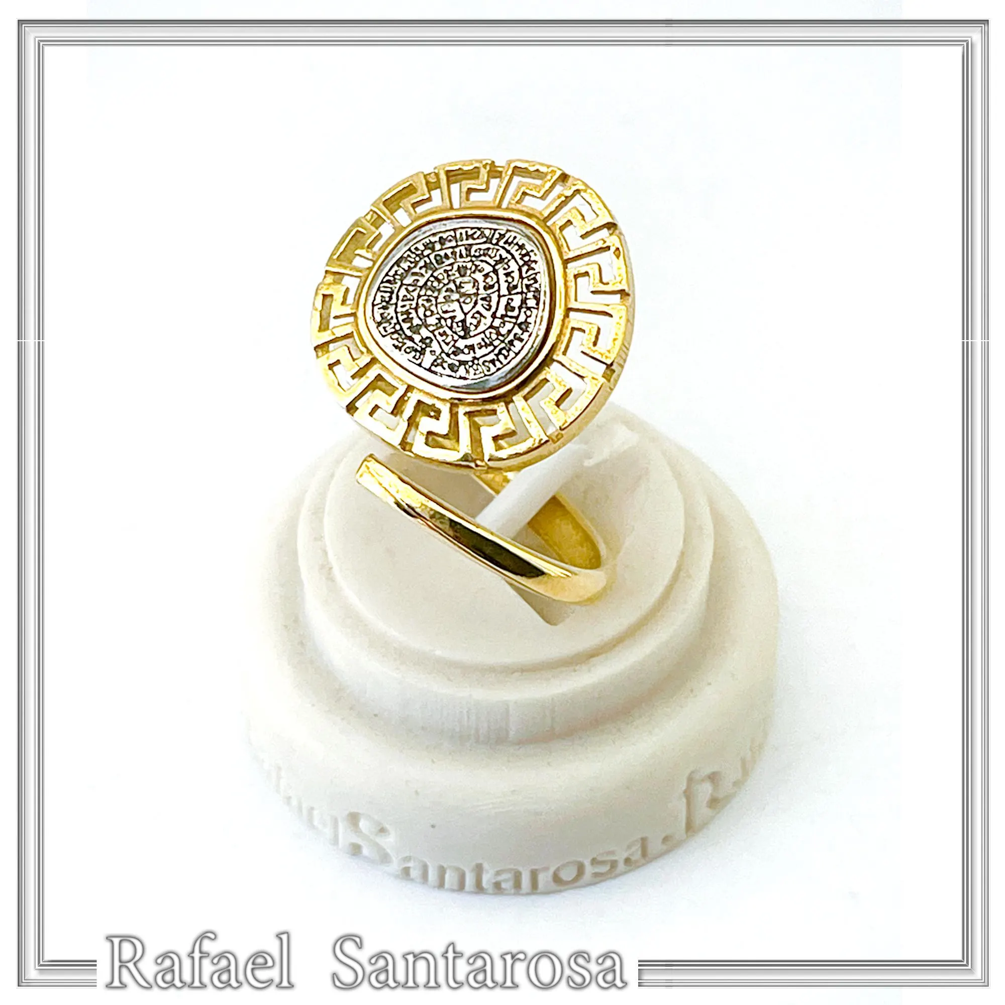 Greek Calendar Phaistos Disc on Greek Key Ring: Oxidized Sterling Silver, 18K Gold Filled — additional product image 3 from Rafael Santarosa Fine Jewelry