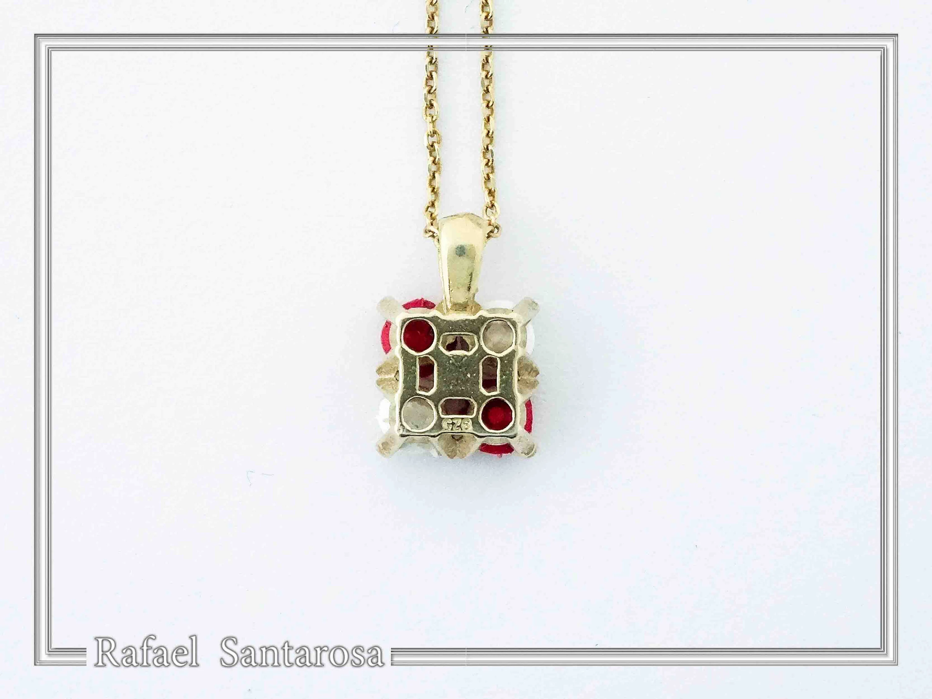 Alabaster Rose Flowers Gems Bouquet Square Necklace: Red &White Roses, Silver 18K Gold Filled. — additional product image 8 from Rafael Santarosa Fine Jewelry