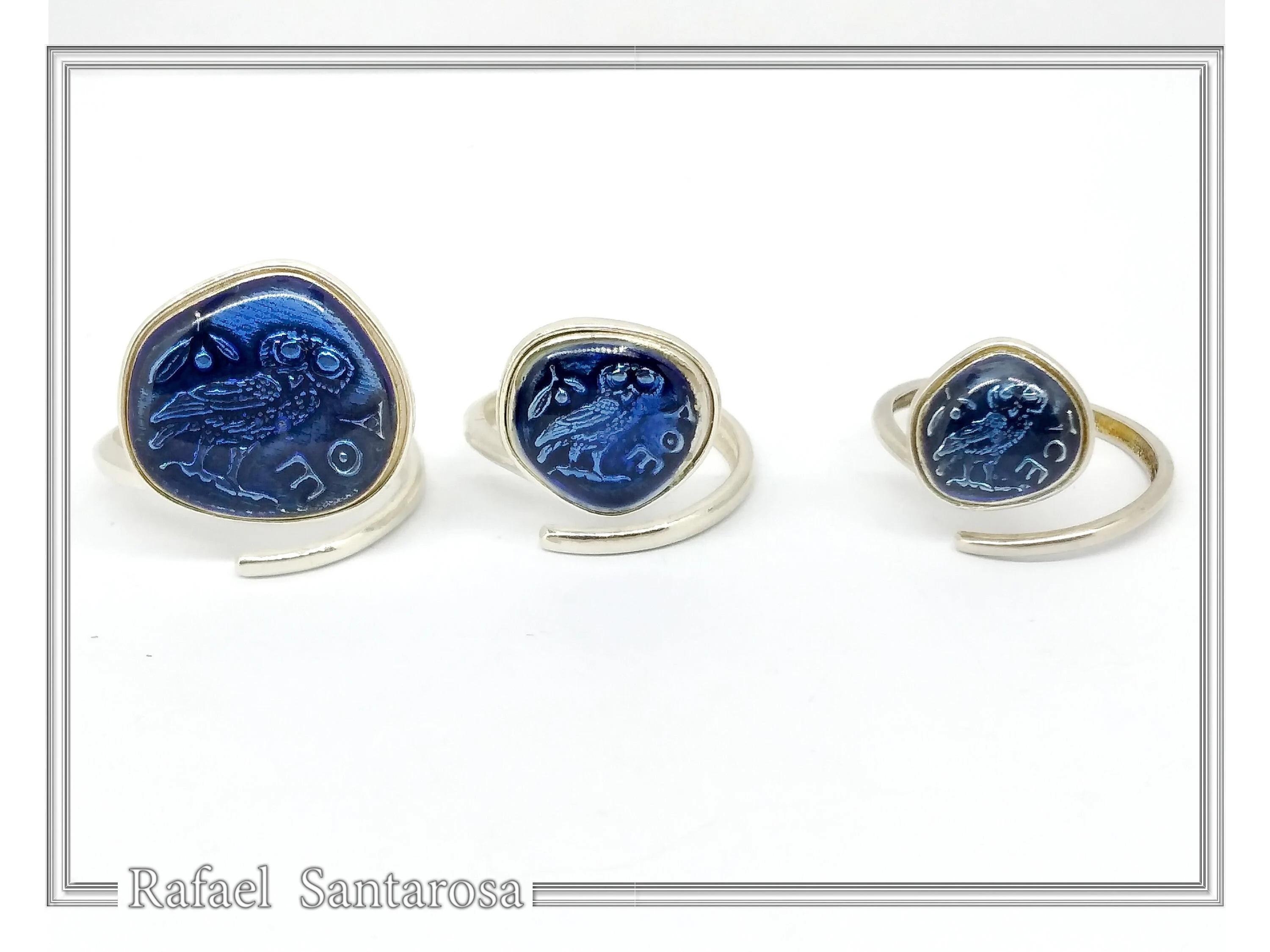 Athena Owl Coin Tetradrachm Ring Museum Replica: Transparent Blue Enamel on Sterling Silver Coin — additional product image 6 from Rafael Santarosa Fine Jewelry