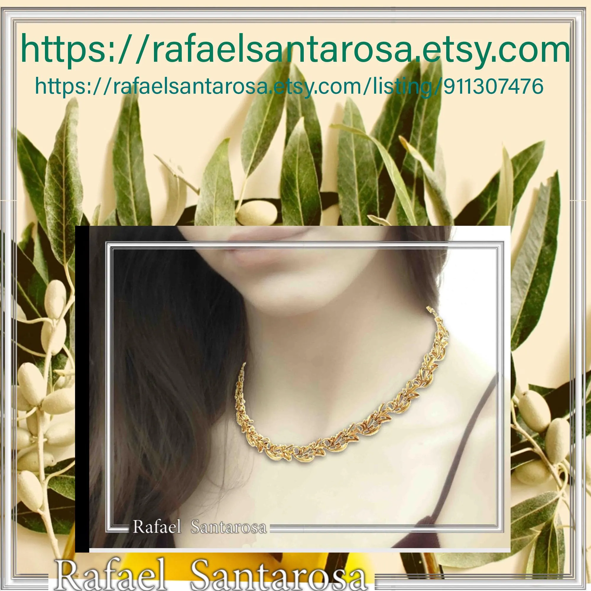 Olive Leaf Branch Beaded Floral Necklace Ancient Greek Symbol of Peace & Victory: Oxidized Silver — additional product image 10 from Rafael Santarosa Fine Jewelry