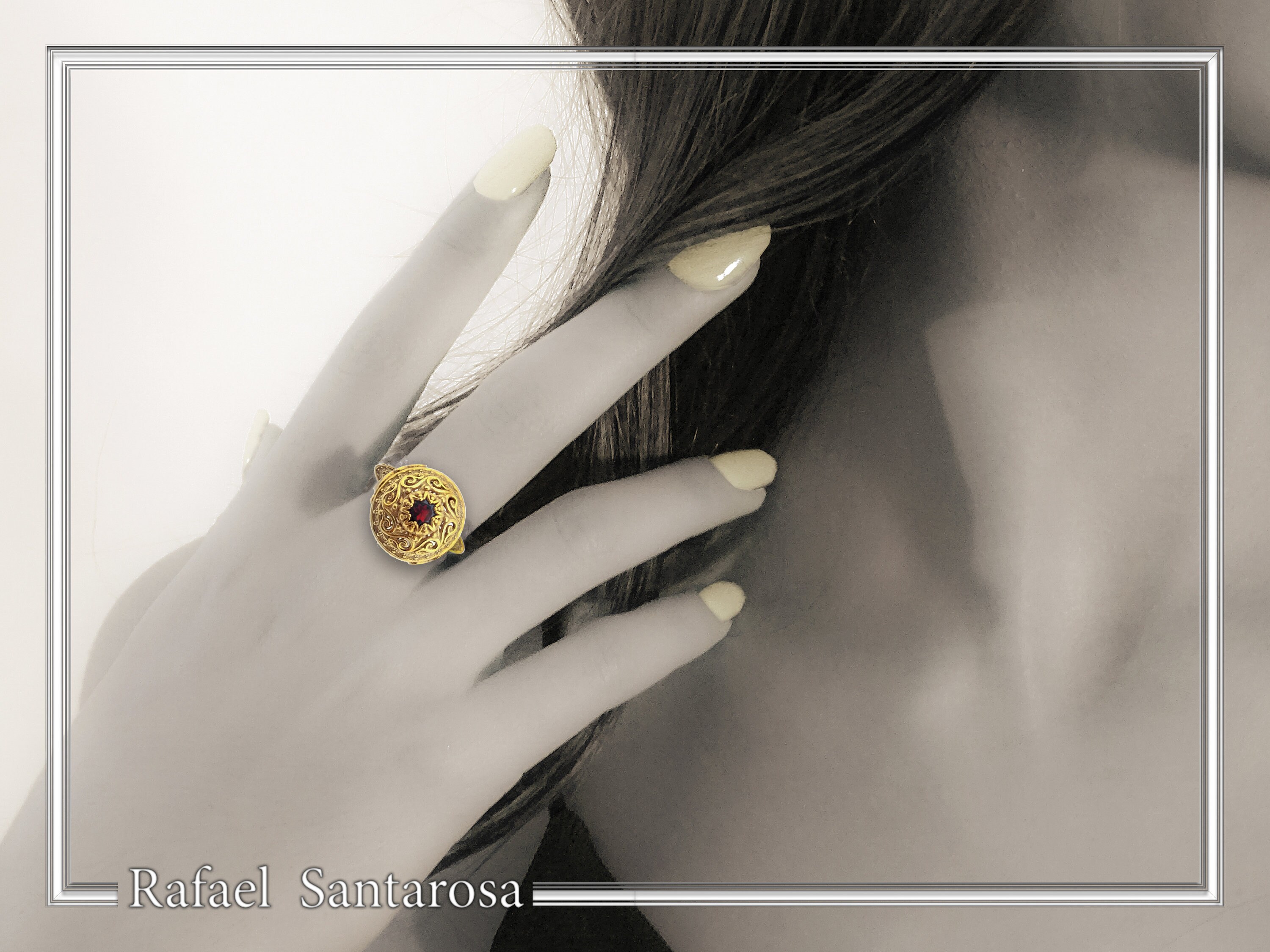 18k Solid Gold Byzantine Natural Gemstone Filigree Statement Ring: Handmade Boho Ring For Her — additional product image 3 from Rafael Santarosa Fine Jewelry