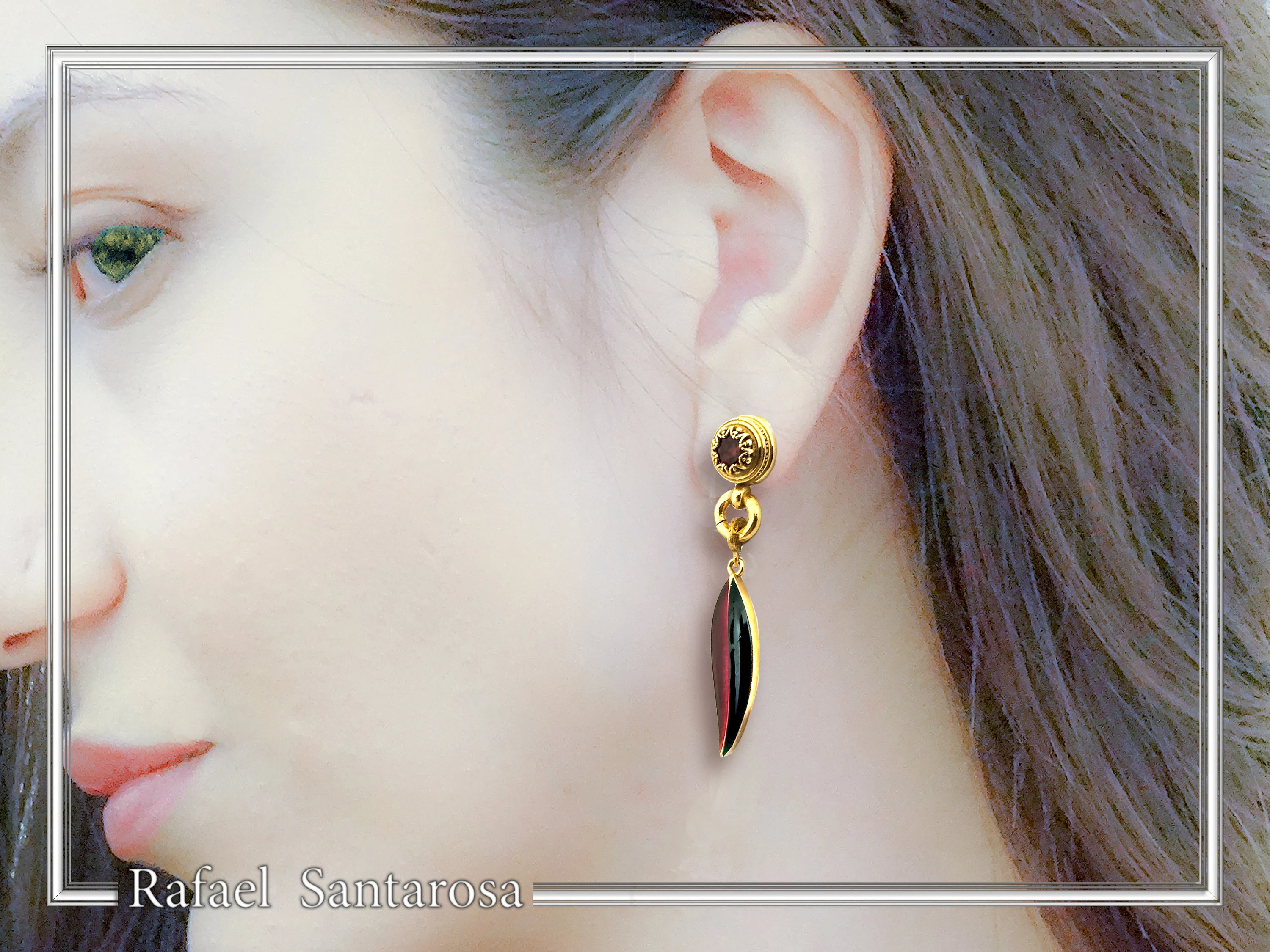 Olive Leaf Floral Dangle & Drop Earrings: Transparent Enamel, Natural Garnet, 18K Gold Filled Silver — additional product image 3 from Rafael Santarosa Fine Jewelry