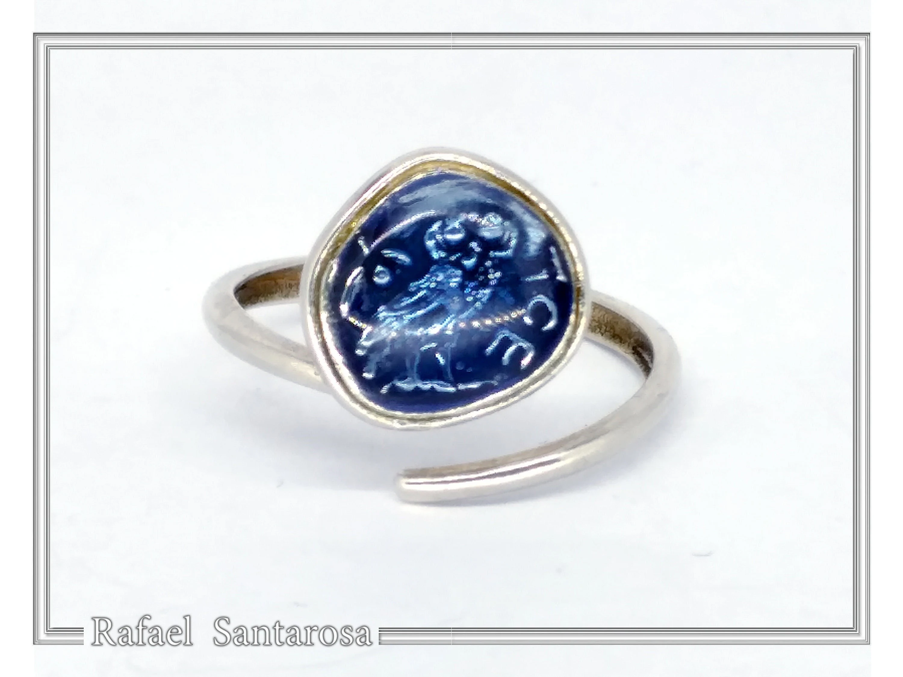 Athena Owl Coin Tetradrachm Ring Museum Replica: Transparent Blue Enamel on Sterling Silver Coin — additional product image 3 from Rafael Santarosa Fine Jewelry