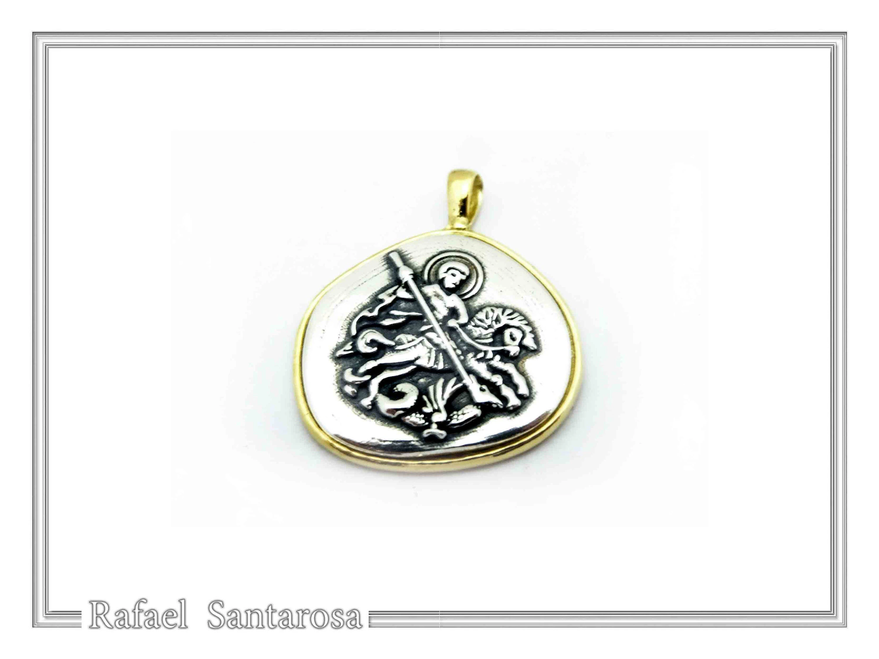 St George Killing Dragon Necklace Byzantine Talisman: Sterling Silver Oxidised & 18K Gold-Filled — additional product image 8 from Rafael Santarosa Fine Jewelry