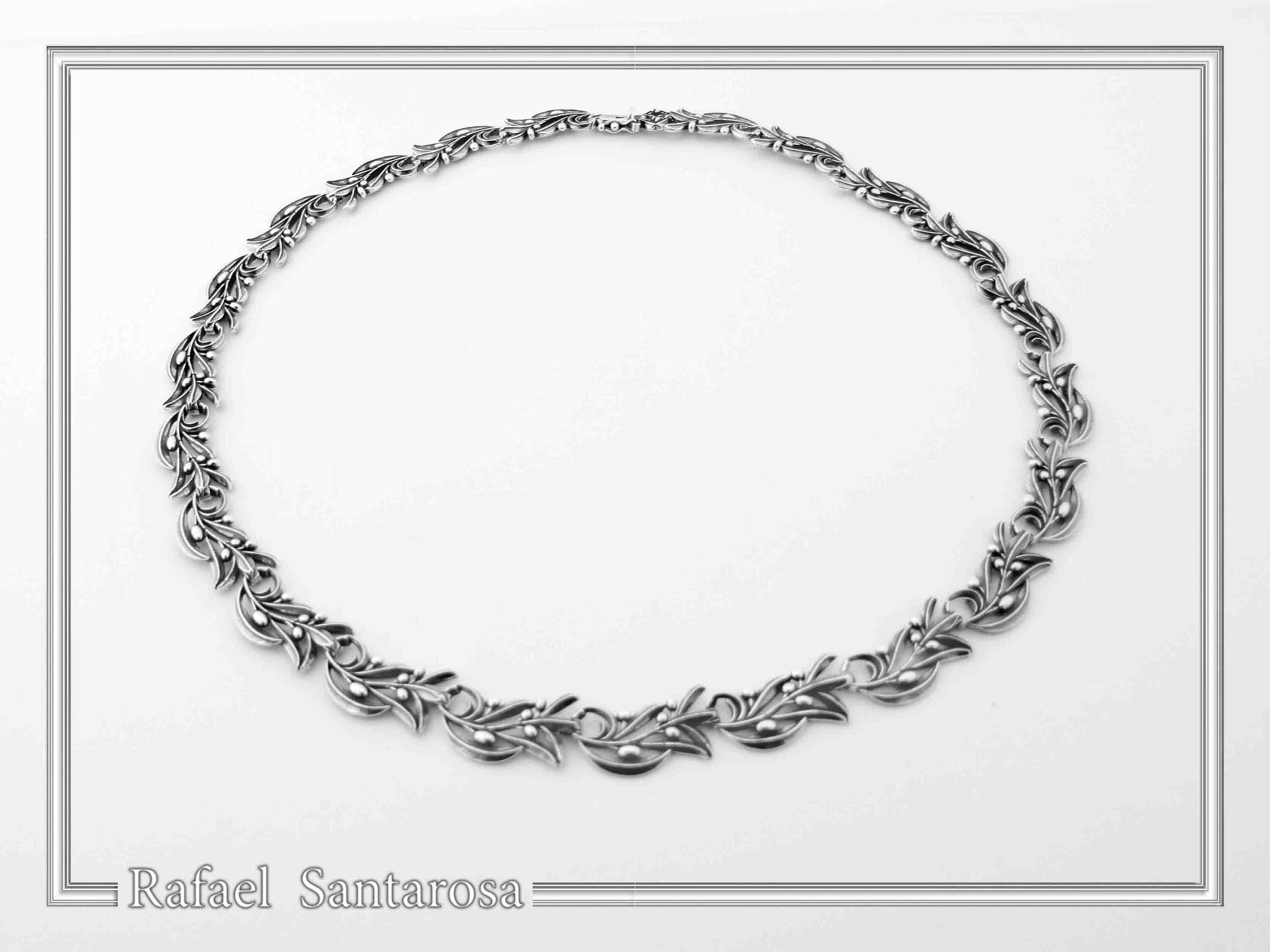 Olive Leaf Branch Beaded Floral Necklace Ancient Greek Symbol of Peace & Victory: Oxidized Silver — additional product image 7 from Rafael Santarosa Fine Jewelry