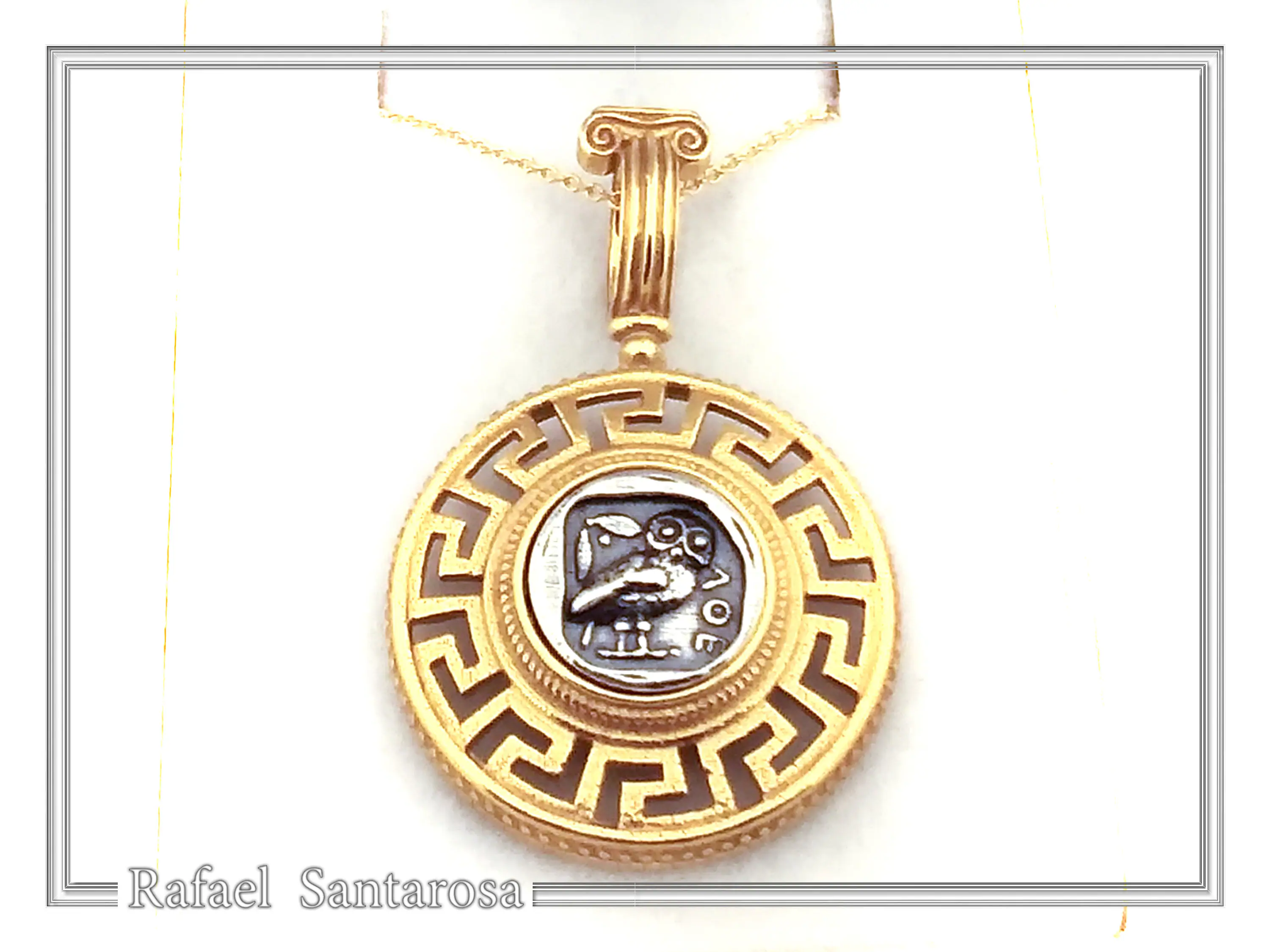 Athenian Owl Coin Pendant: 18k Gold-Filled Sterling Silver Greek Key Necklace — additional product image 6 from Rafael Santarosa Fine Jewelry