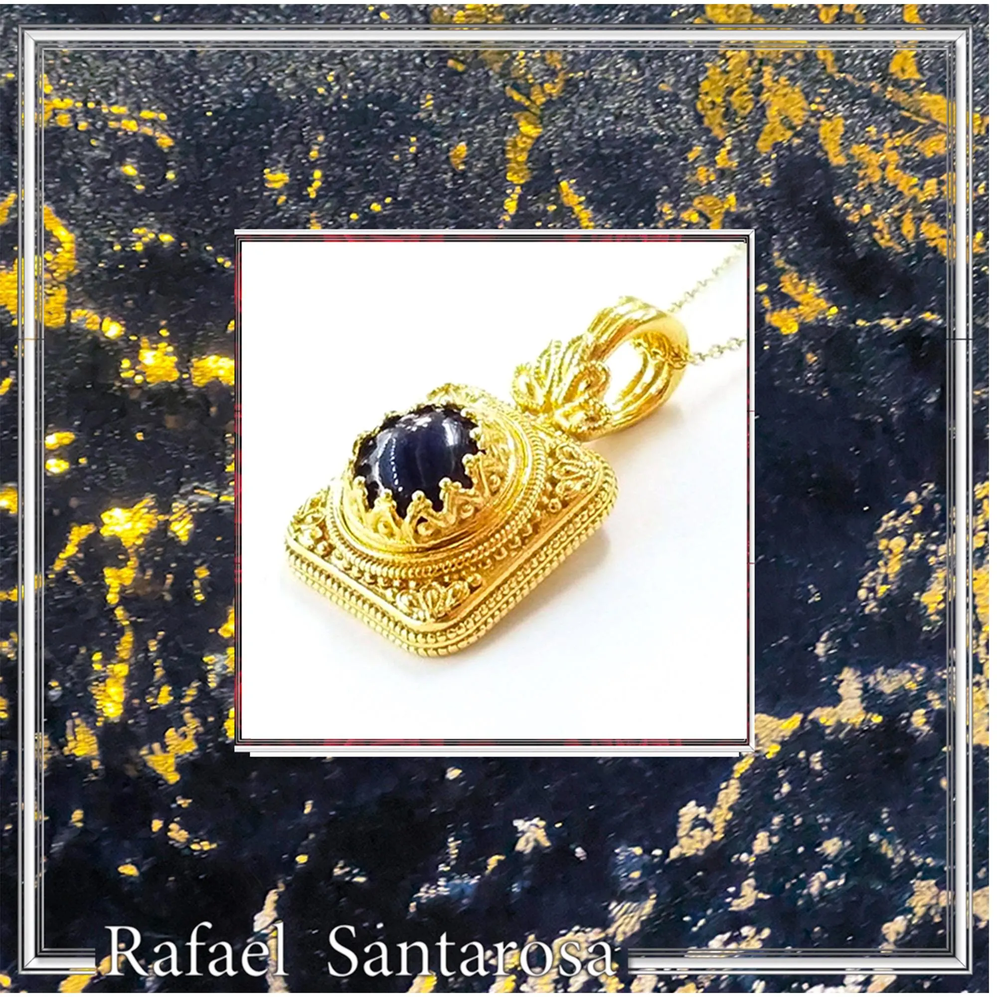 Solid Gold 18k Natural Lapis Lazuli Pendant: Byzantine Style Filigree and Granulation Handmade Jewelry — additional product image 6 from Rafael Santarosa Fine Jewelry