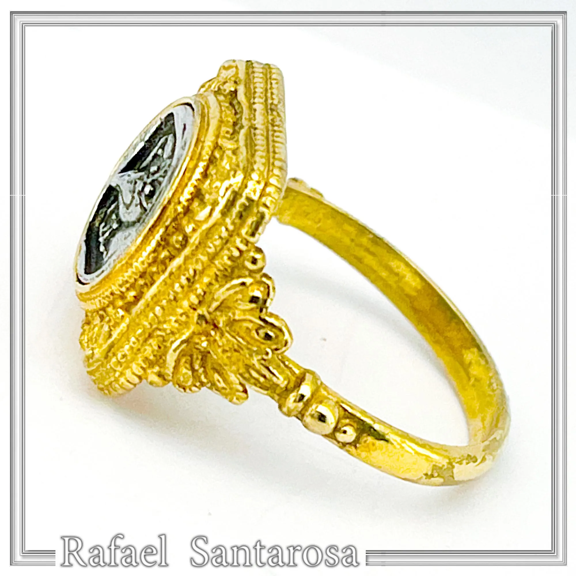 Tetradrachm Owl Coin Filigree Ring: Oxidized Silver Coin on 18K Gold Filled, Museum Replicas — additional product image 5 from Rafael Santarosa Fine Jewelry