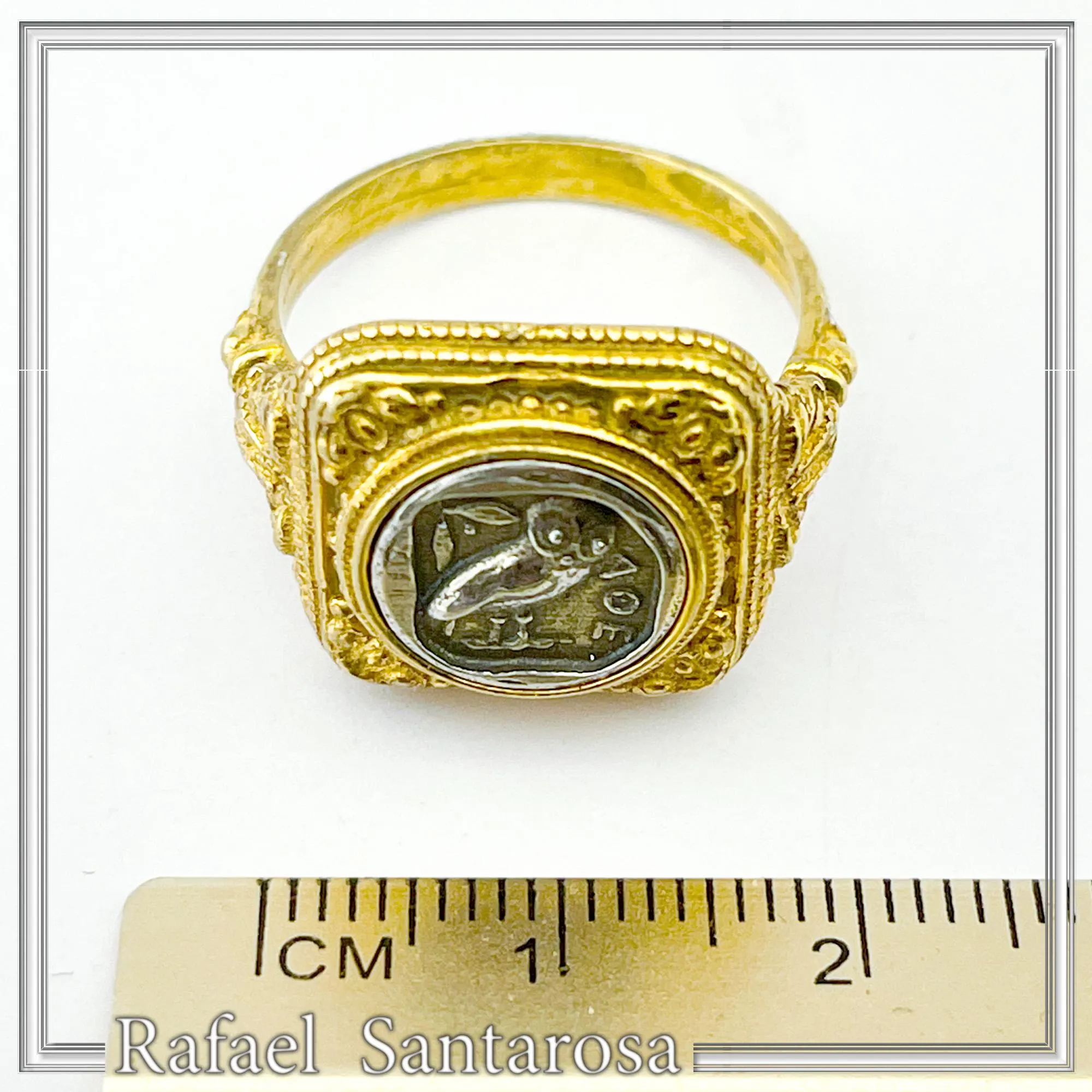 Tetradrachm Owl Coin Filigree Ring: Oxidized Silver Coin on 18K Gold Filled, Museum Replicas — additional product image 7 from Rafael Santarosa Fine Jewelry