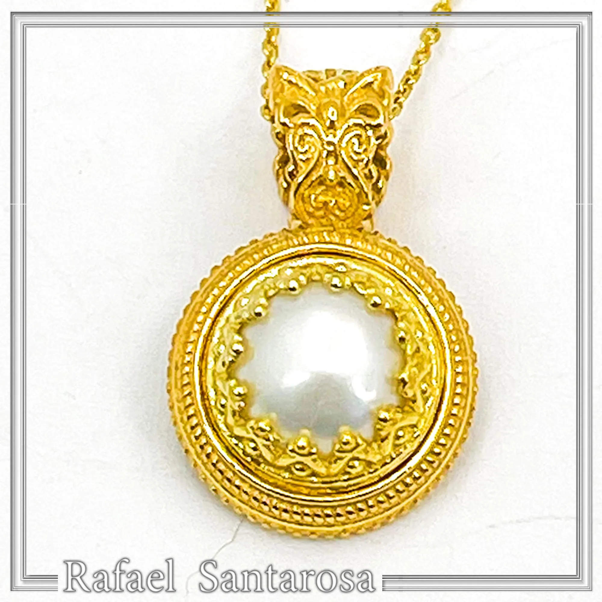 Natural Pearl Necklace: Ancient Greek style Filigree 18K Gold-Filled Pendant — additional product image 5 from Rafael Santarosa Fine Jewelry