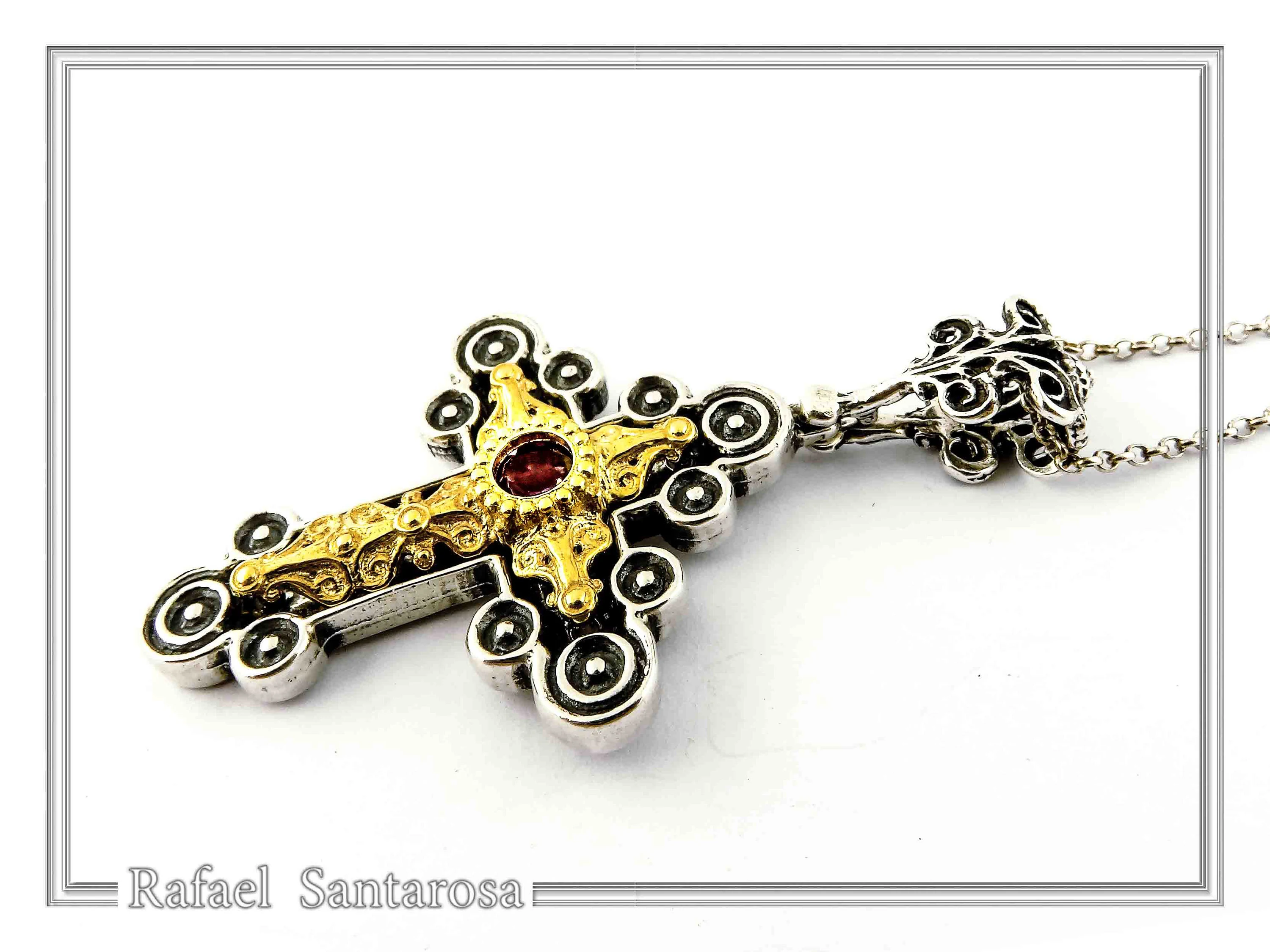 Byzantine Religious Cross Pendant Sterling Silver Oxidised 18k Gold Filled Garnet Necklace — additional product image 4 from Rafael Santarosa Fine Jewelry