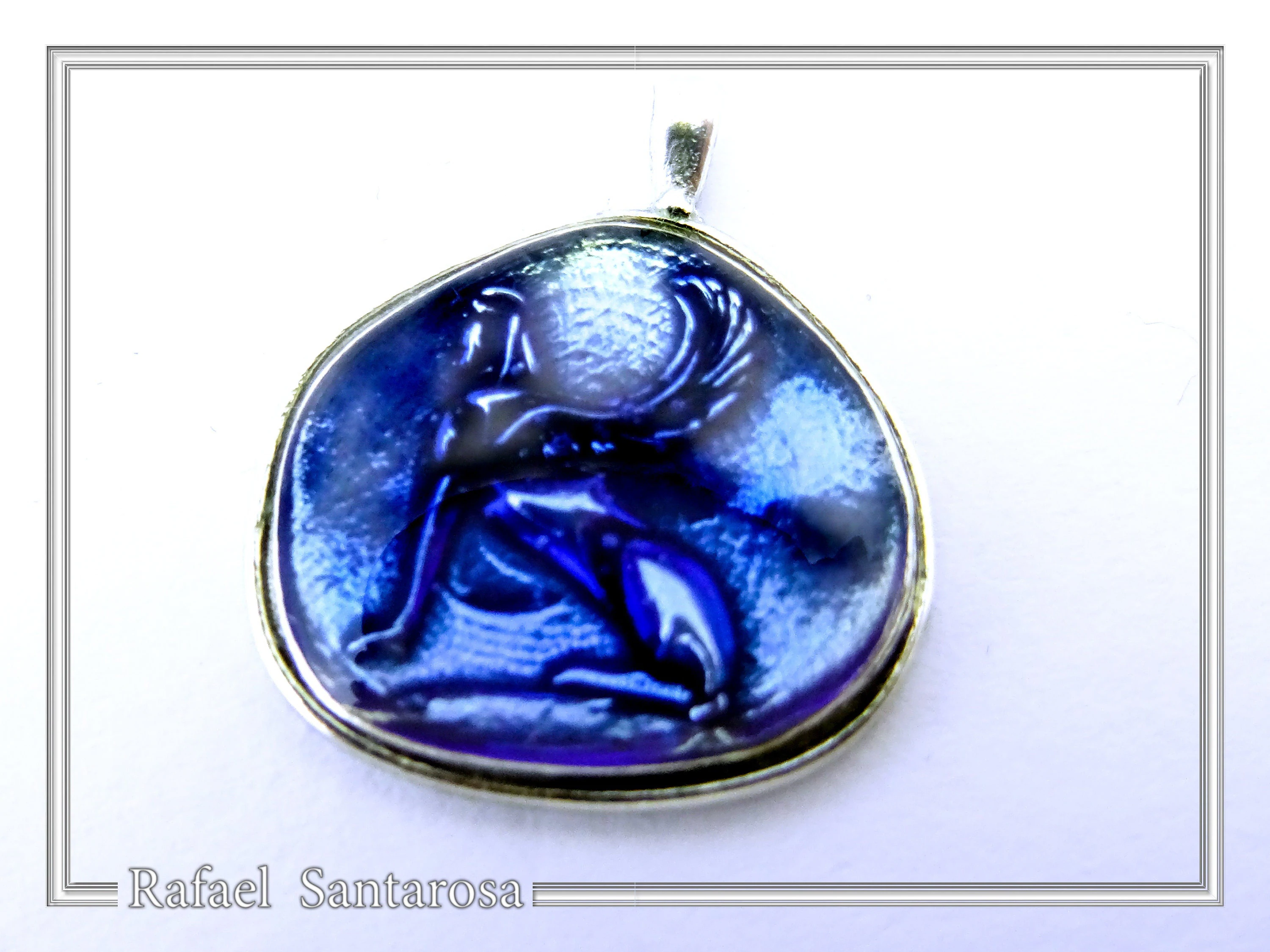 Sphinx of Delphi Greek Coin Necklace: Sky Blue Transparent Enamel on Sterling Silver Coin — additional product image 3 from Rafael Santarosa Fine Jewelry