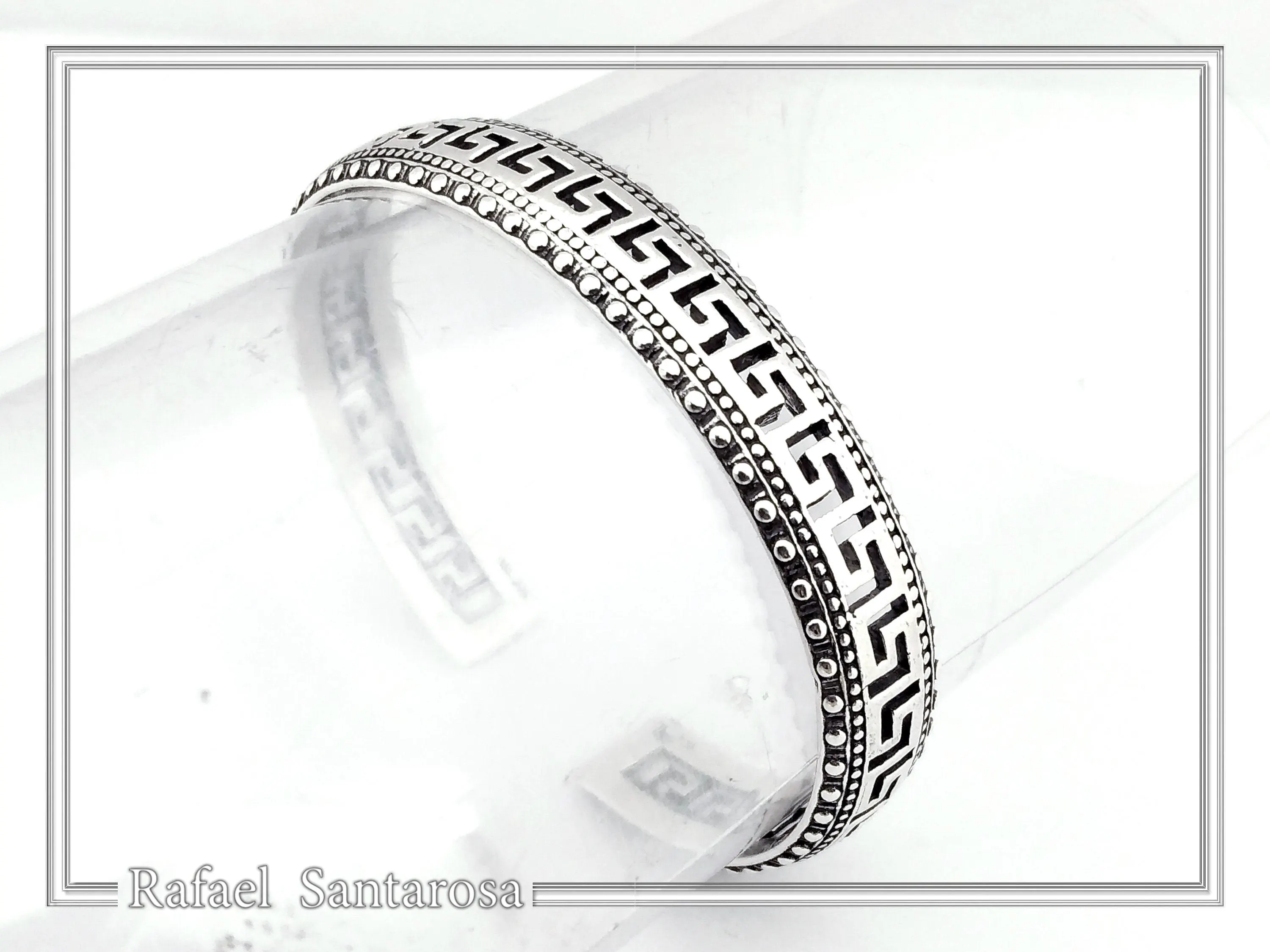 Greek Key Meander Oxidized Sterling Silver Cuff Bracelet, Museum Inspired Unisex Adjustable Jewelry — additional product image 6 from Rafael Santarosa Fine Jewelry