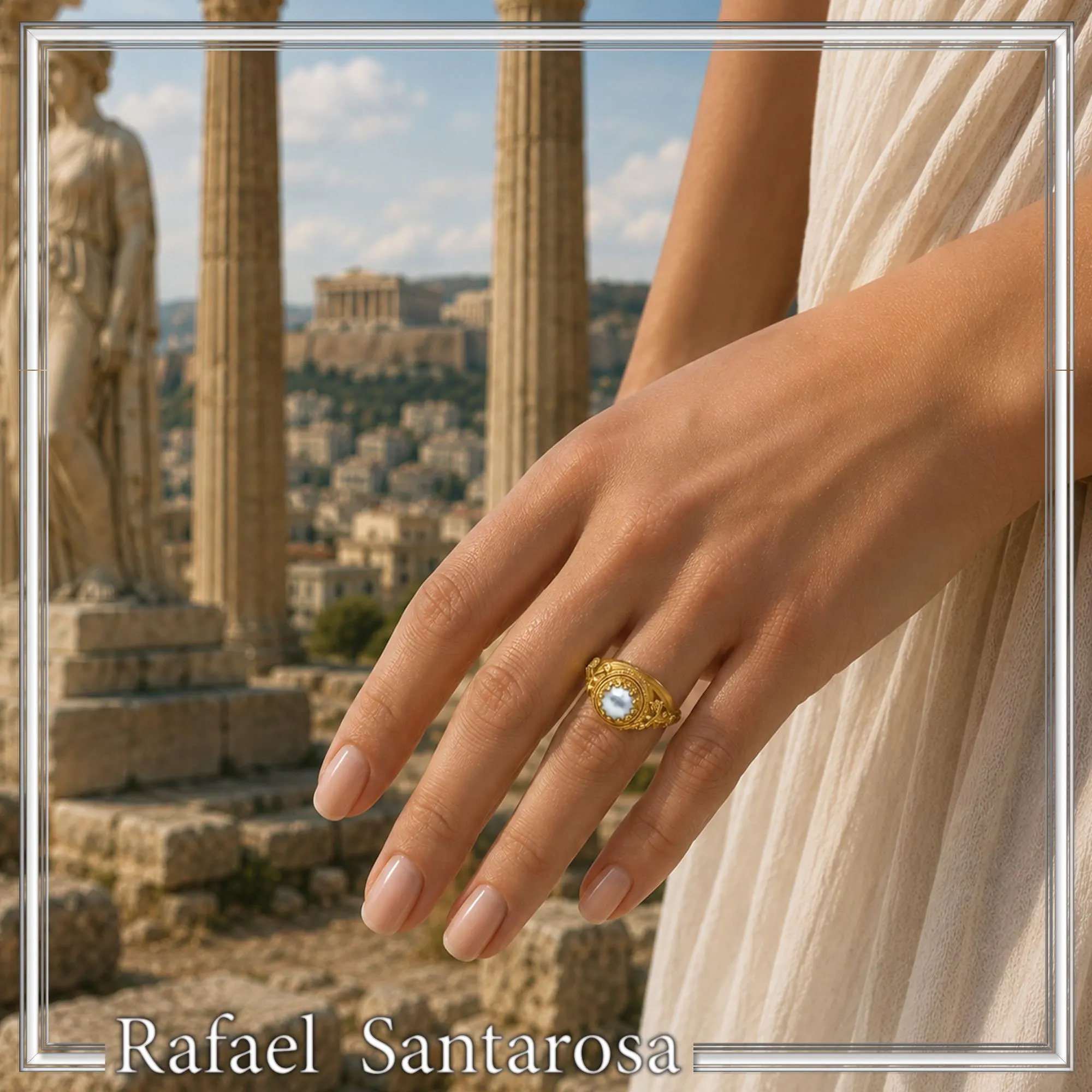 Sterling Silver Gold Filled Freshwater Pearl Ring Ancient Greek Antefix Filigree Design Handmade — additional product image 5 from Rafael Santarosa Fine Jewelry