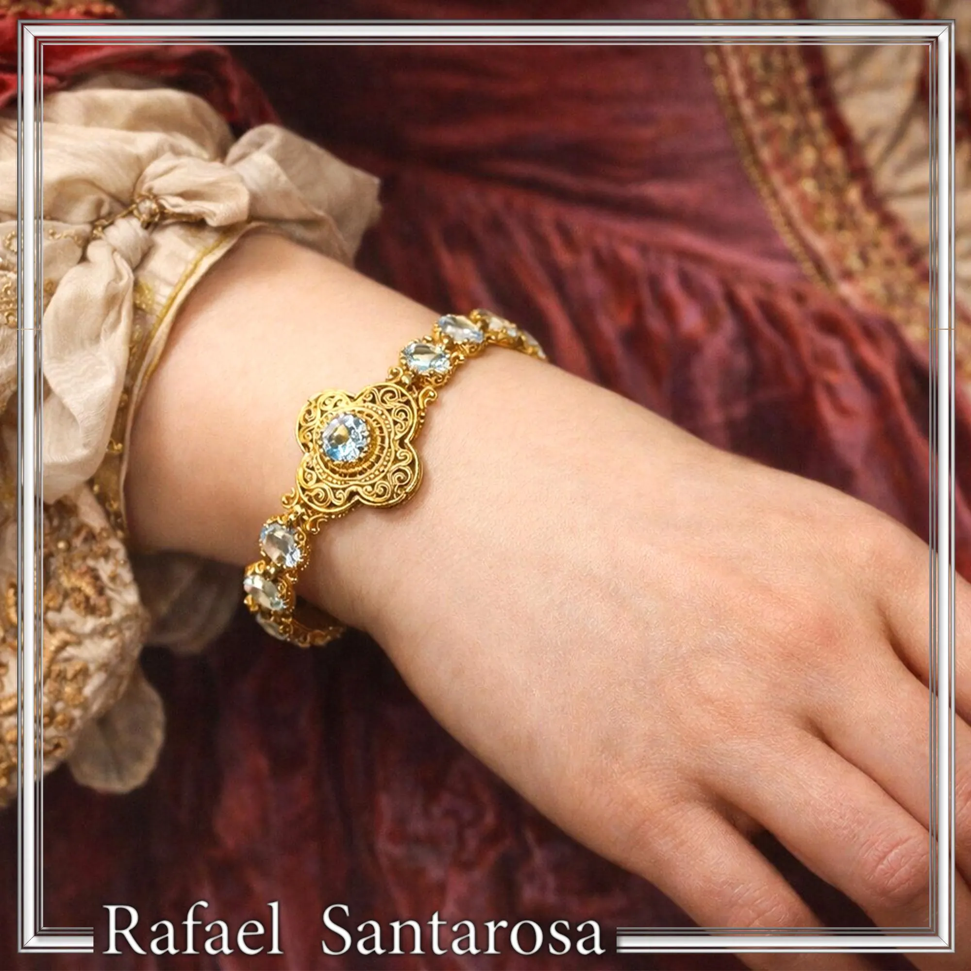 18K Gold Beaded Bracelet Handcrafted Byzantine Cross Filigree: Natural Genuine Sky-Blue Topaz Gemstones — additional product image 7 from Rafael Santarosa Fine Jewelry