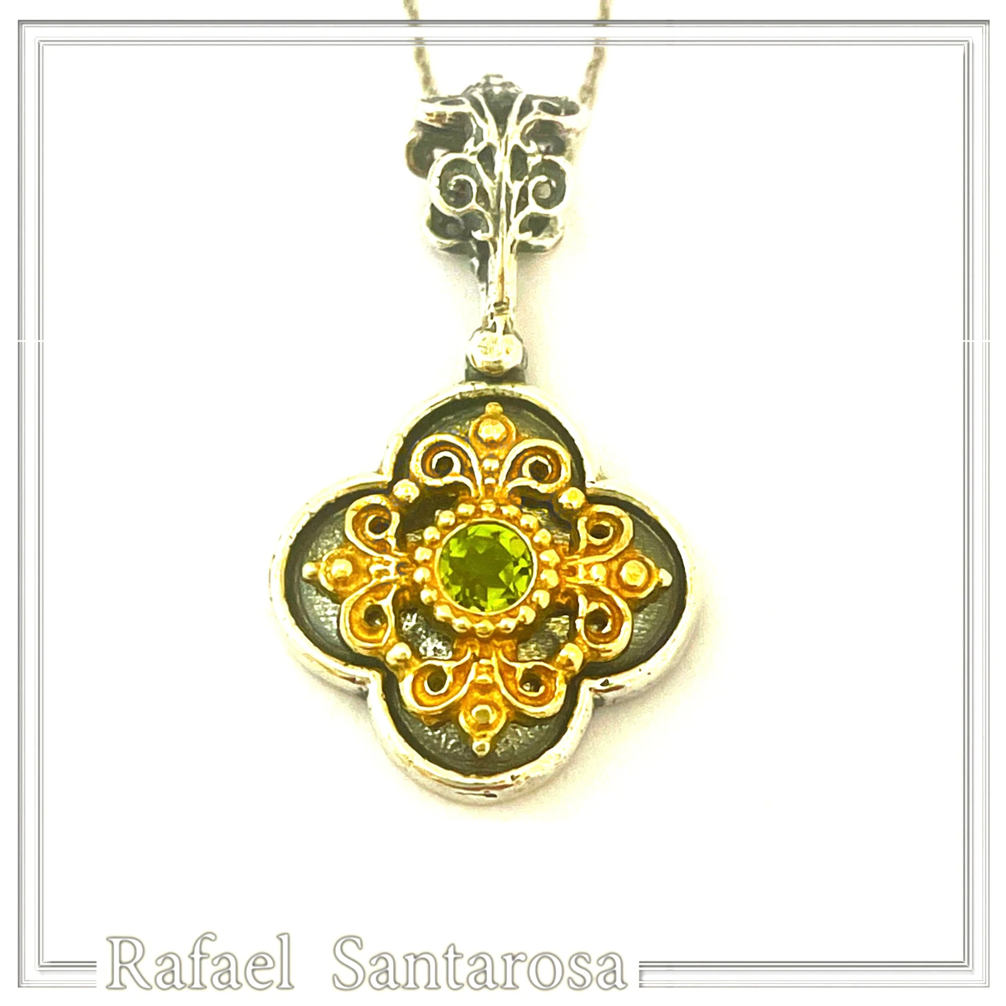 Byzantine Filigree Natural Green Peridot Necklace: Handmade Sterling Silver Oxidized and 18K Gold Filled — additional product image 6 from Rafael Santarosa Fine Jewelry