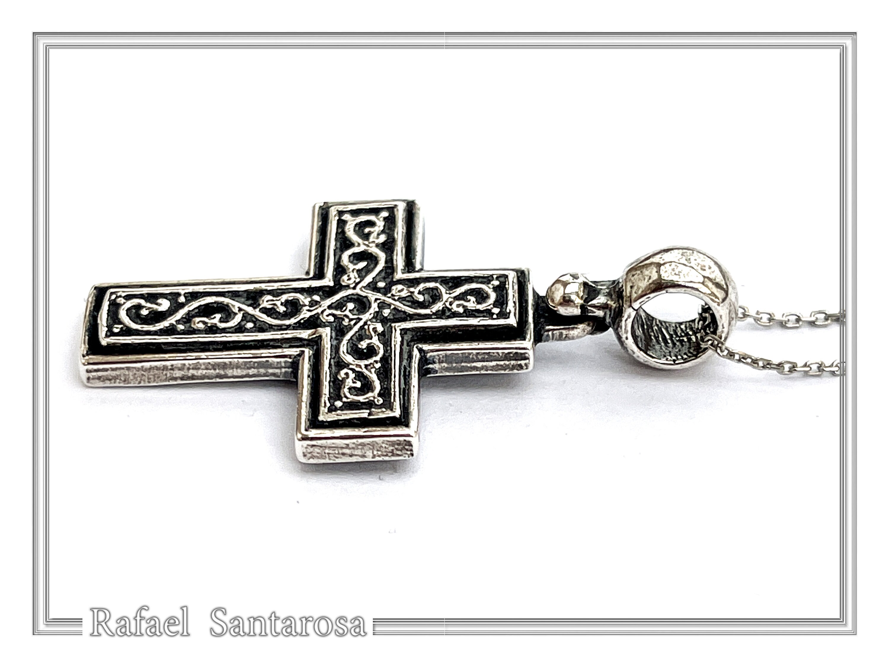 Oxidized Sterling Silver Men Cross Pendant: Byzantine Design Christian Necklace — additional product image 3 from Rafael Santarosa Fine Jewelry