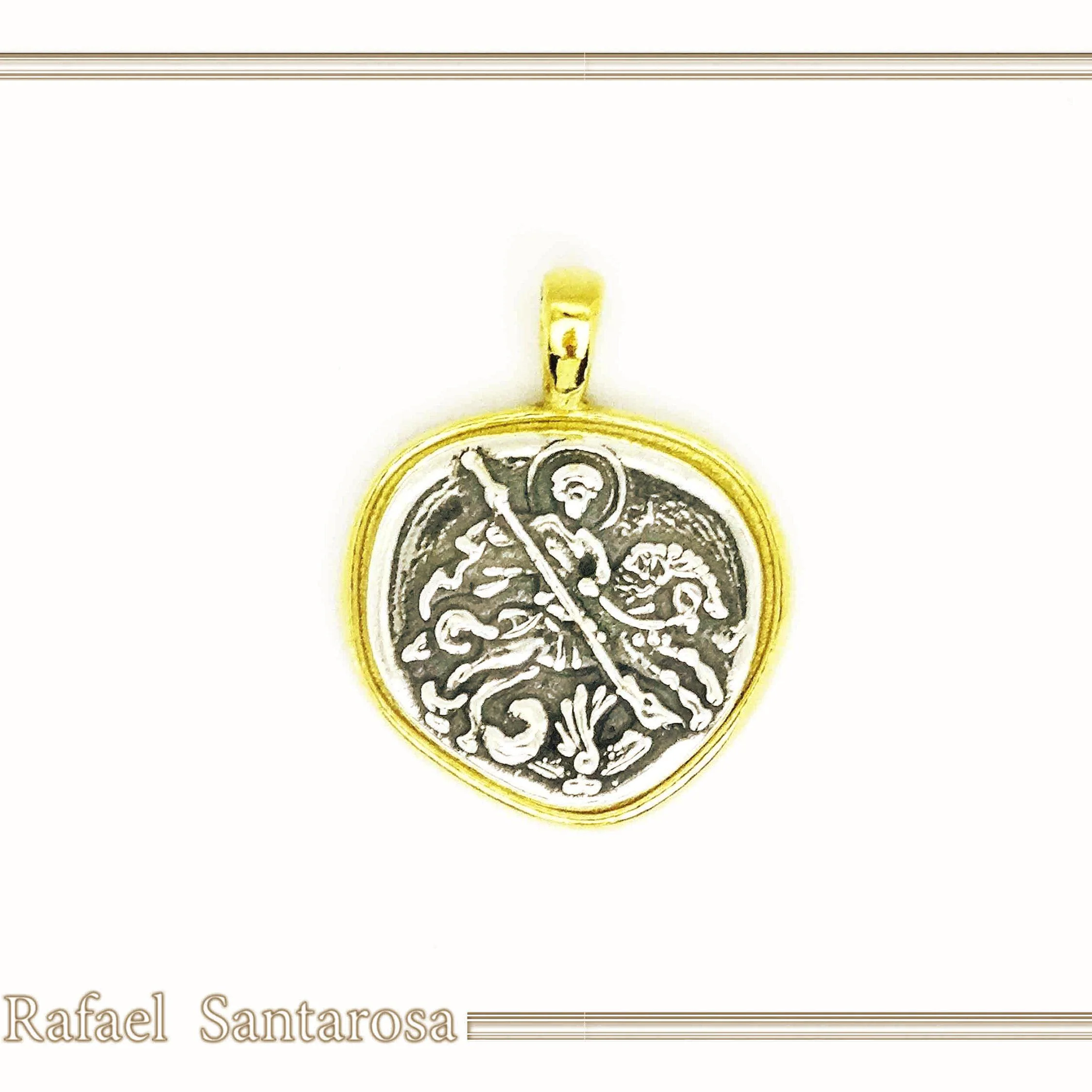 St George Killing Dragon Necklace Byzantine Talisman: Sterling Silver Oxidised & 18K Gold-Filled — additional product image 4 from Rafael Santarosa Fine Jewelry