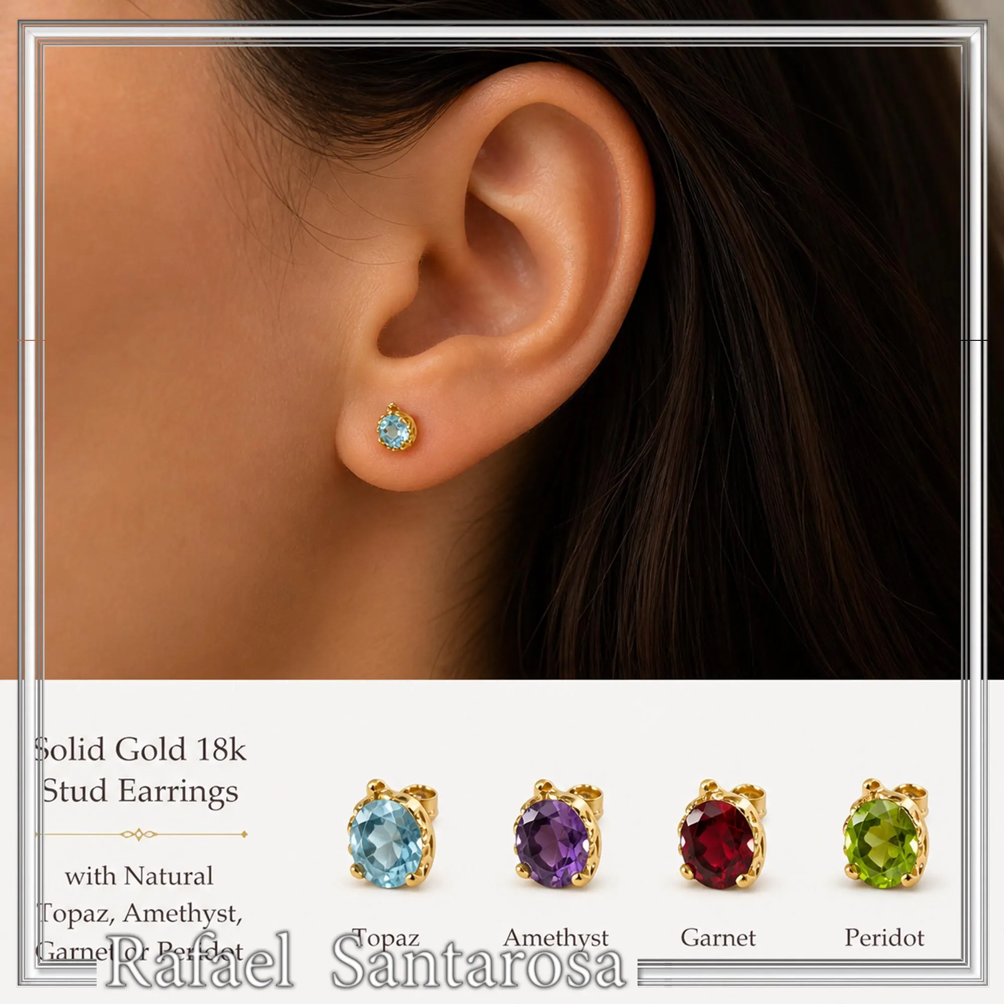 Solid gold 18k Stud Earrings with Natural Topaz, Amethyst, Garnet or Peridot — additional product image 5 from Rafael Santarosa Fine Jewelry