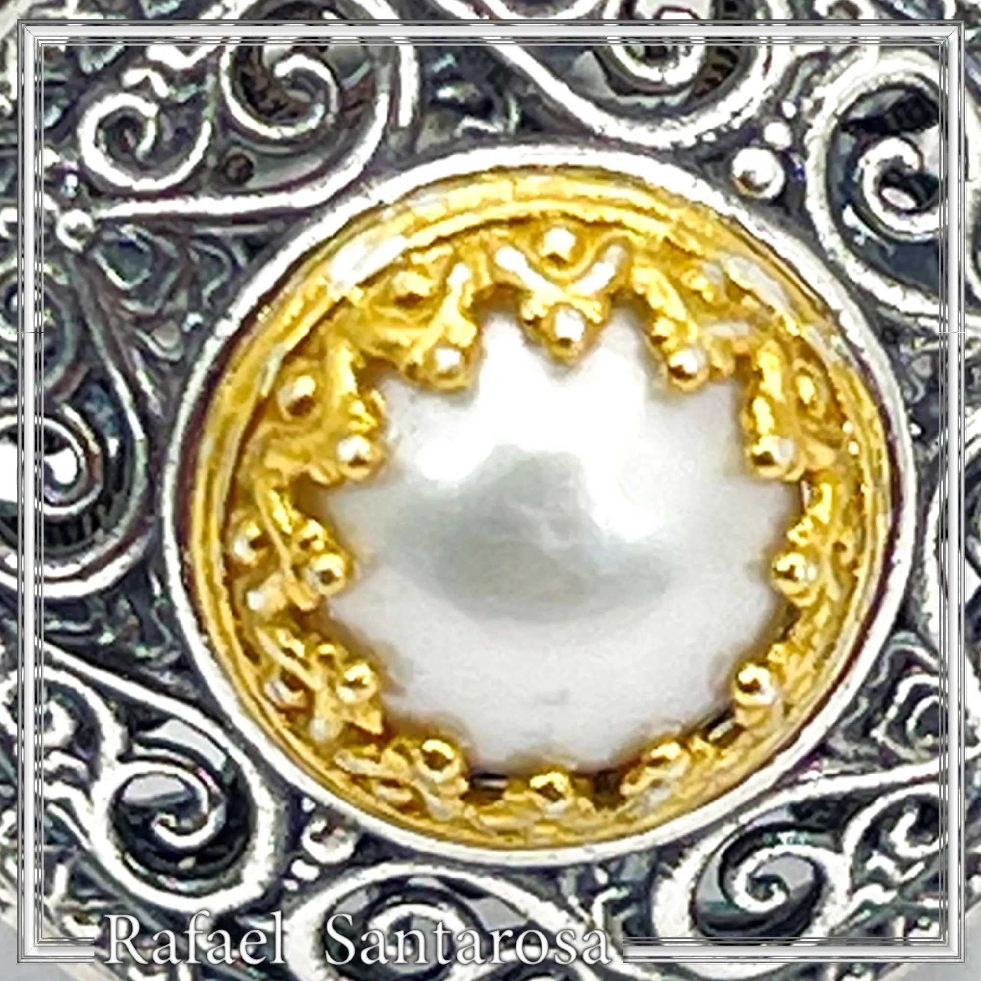Oxidised sterling silver ring with 18k gold filled bezel and natural pearl center stone. — additional product image 6 from Rafael Santarosa Fine Jewelry
