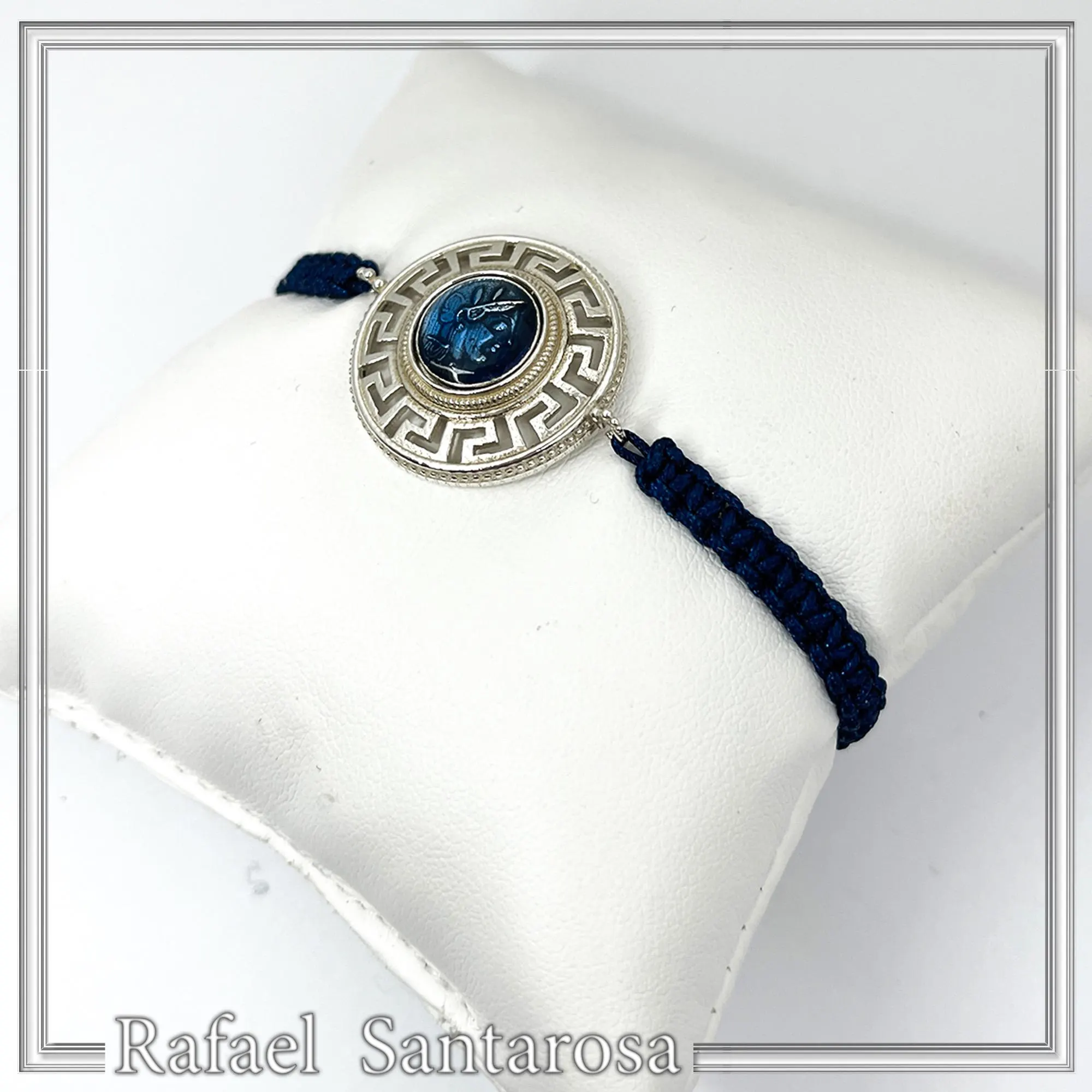 Sterling Silver Athena Promachos Bracelet Greek Key Tetradrachm Sky Blue Enamel Macrame Cord Viscose — additional product image 8 from Rafael Santarosa Fine Jewelry