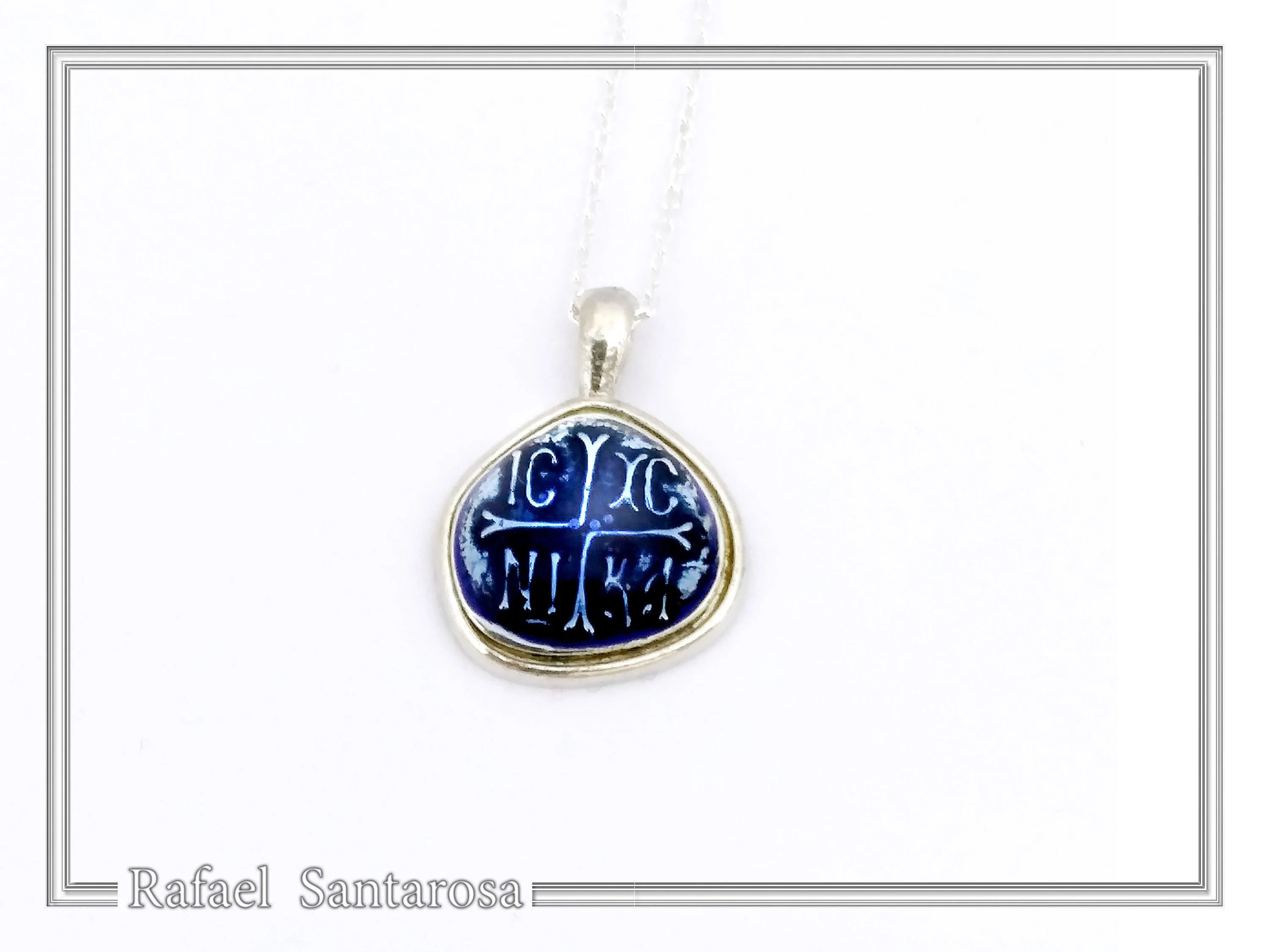 ICXC NIKA Constantinato Christogram Christian Cross Talisman Pendant: Blue Transparent Enamel Silver Necklace — additional product image 6 from Rafael Santarosa Fine Jewelry