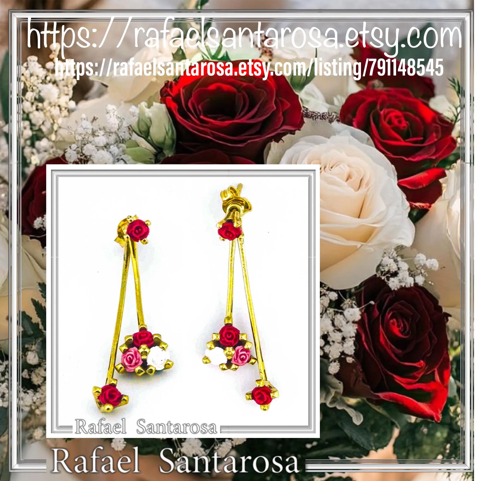 Red Rose Dangle Earrings: 18K Gold Filled Sterling Silver Floral Bouquet — additional product image 10 from Rafael Santarosa Fine Jewelry