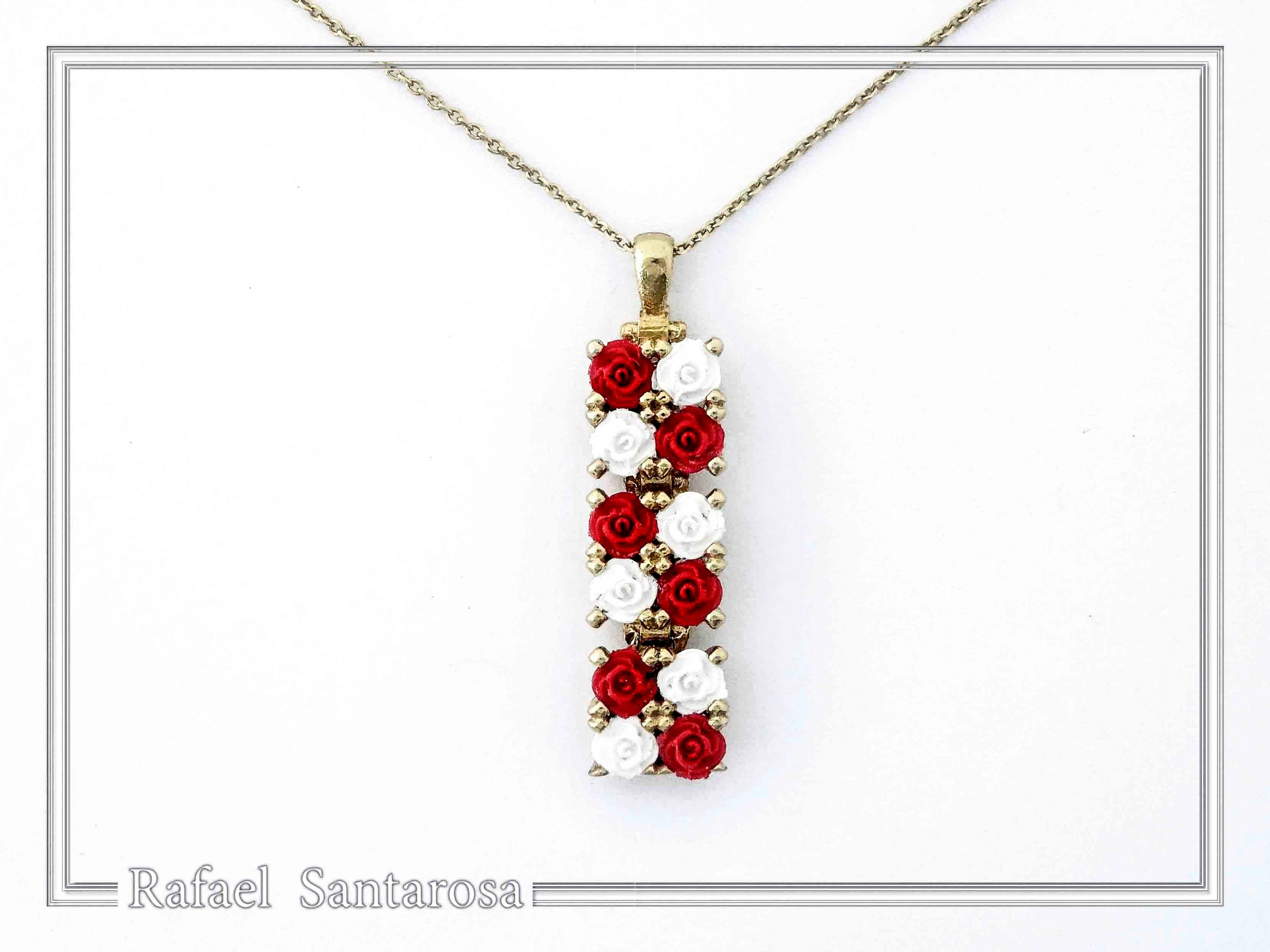 Handmade Rose Flowers Gems Pave Pendant: 18 K Gold-Filled Sterling Silver Beaded Floral Necklace — additional product image 4 from Rafael Santarosa Fine Jewelry