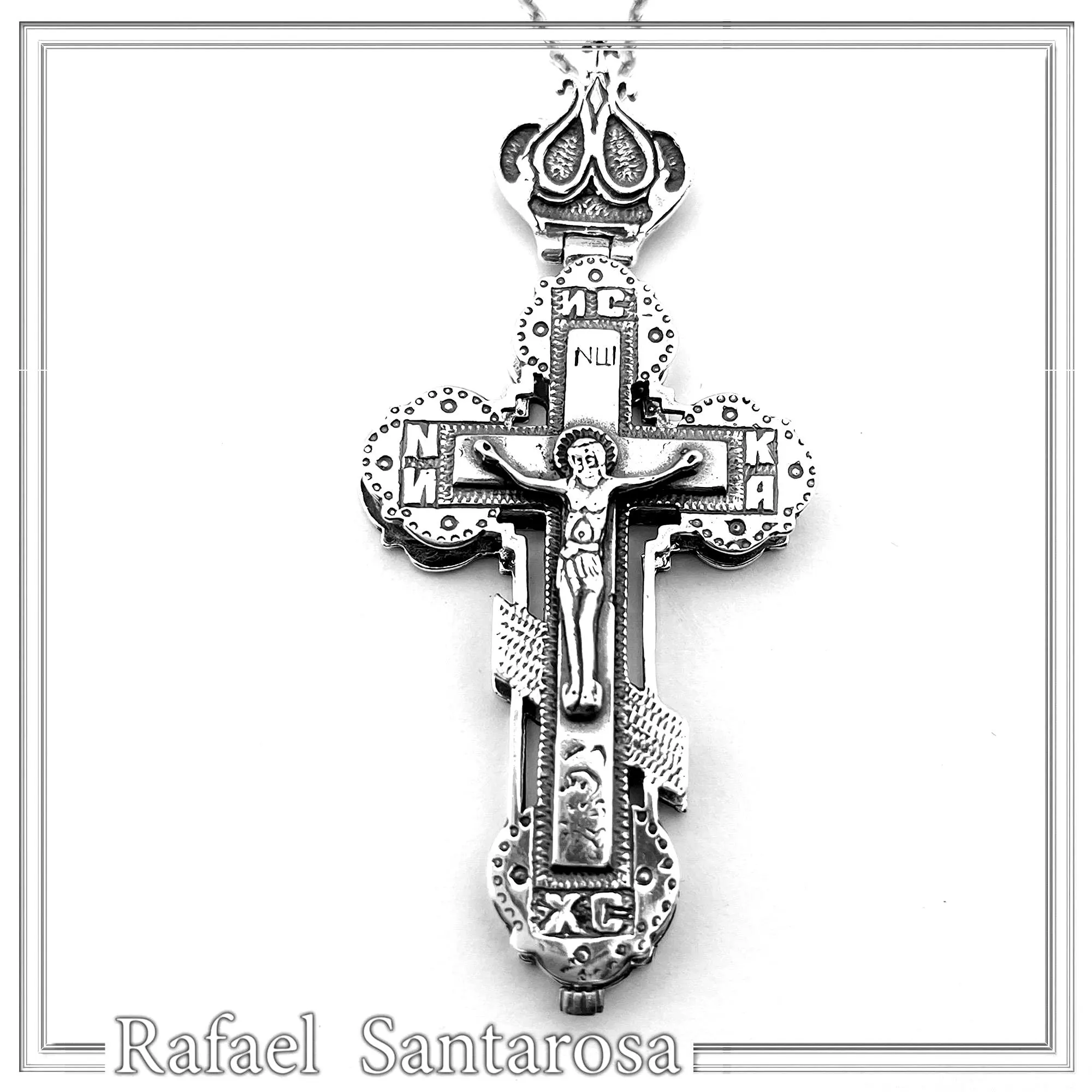 Reliquary Russian Type Cross Byzantine Cyrillic Prayer Pendant: Oxidised Sterling Silver Locket
